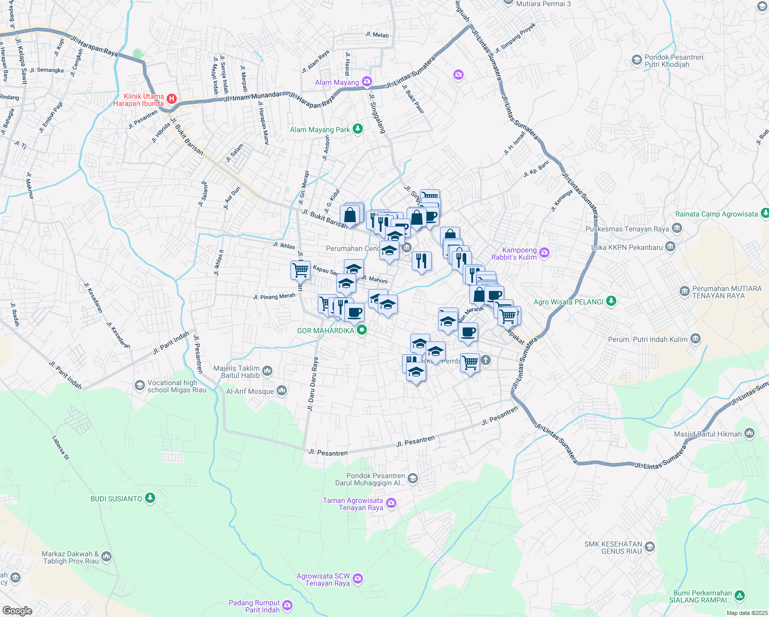 map of restaurants, bars, coffee shops, grocery stores, and more near Jalan Kapau Sari Ujung in Kota Pekanbaru