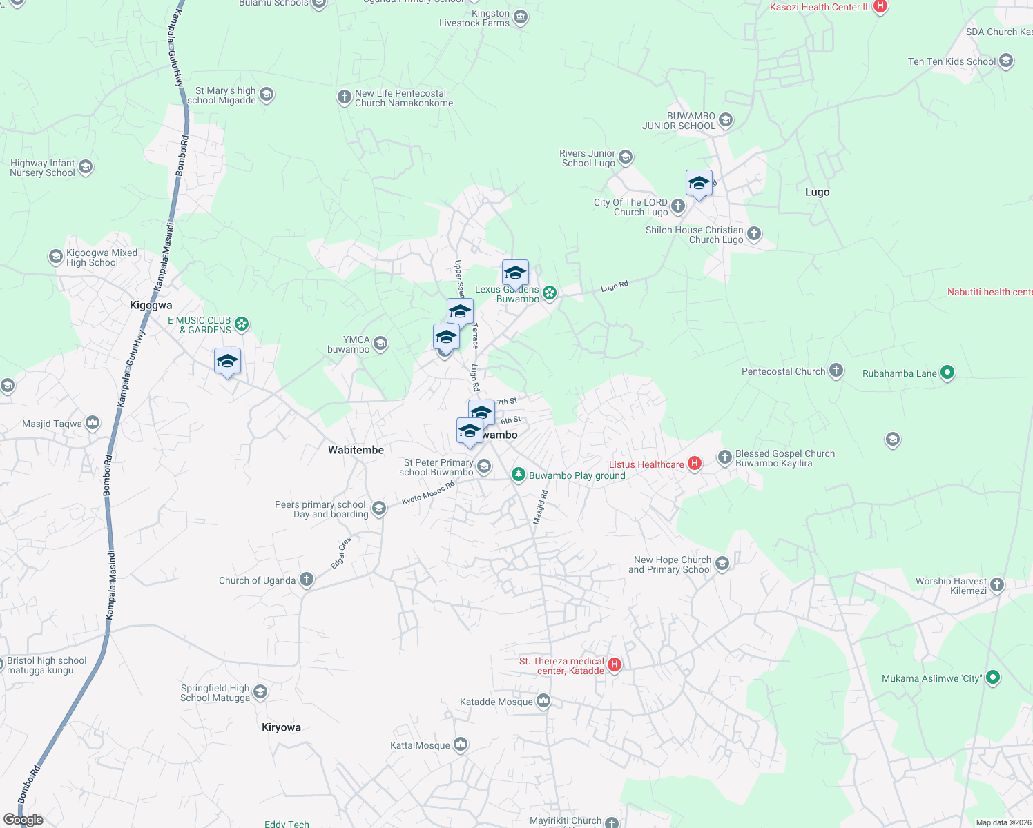 map of restaurants, bars, coffee shops, grocery stores, and more near in Buwambo