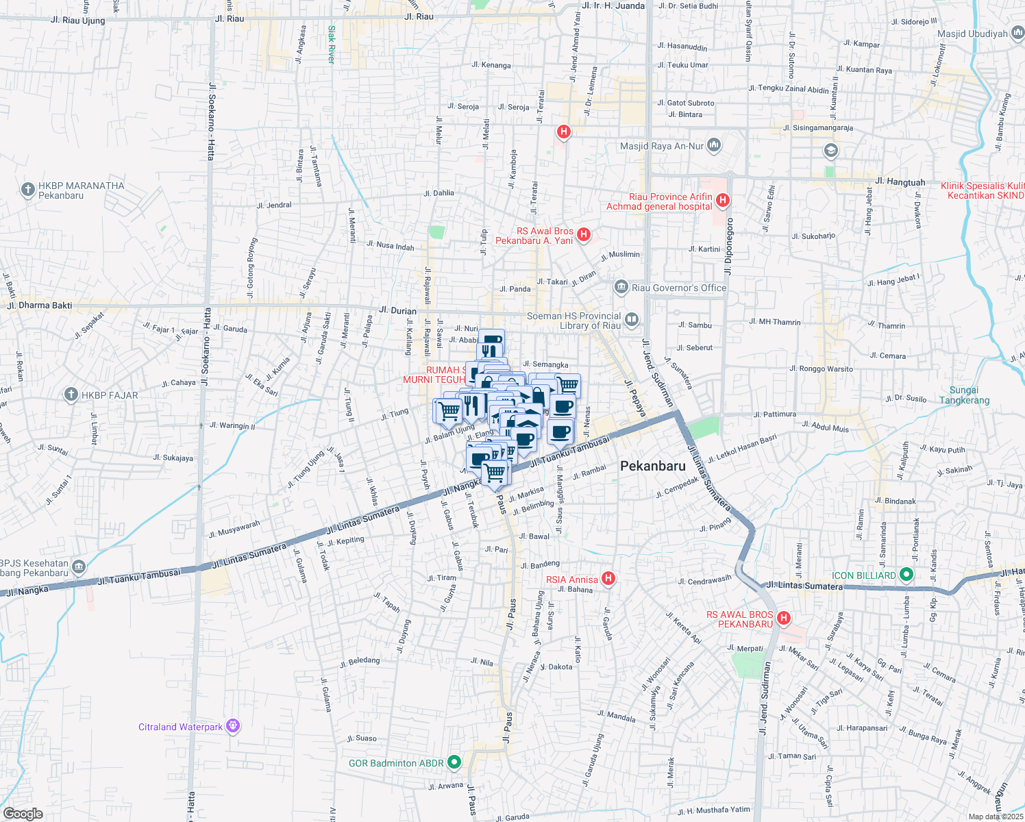map of restaurants, bars, coffee shops, grocery stores, and more near Jalan Dagang in Pekanbaru