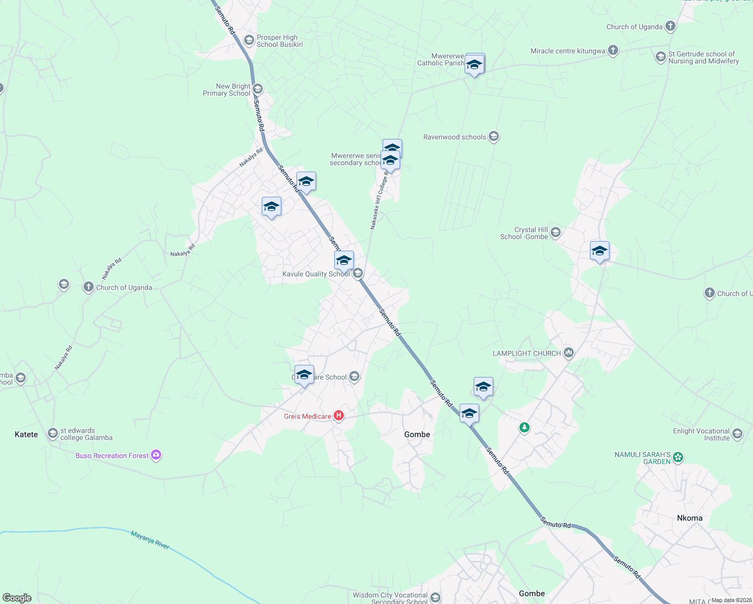 map of restaurants, bars, coffee shops, grocery stores, and more near Semuto Road in Wakiso