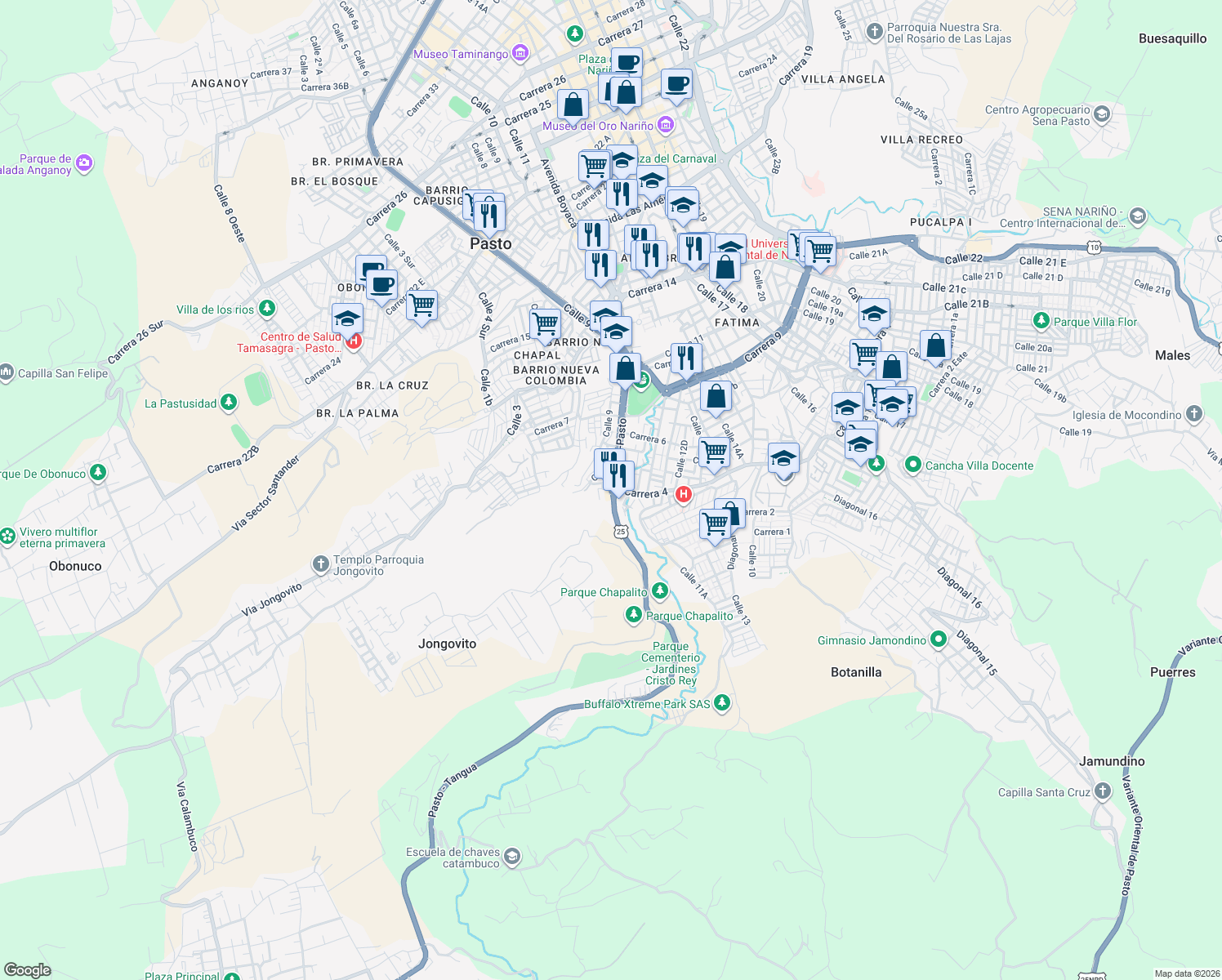 map of restaurants, bars, coffee shops, grocery stores, and more near 1132-11106 Carrera 4 in Pasto