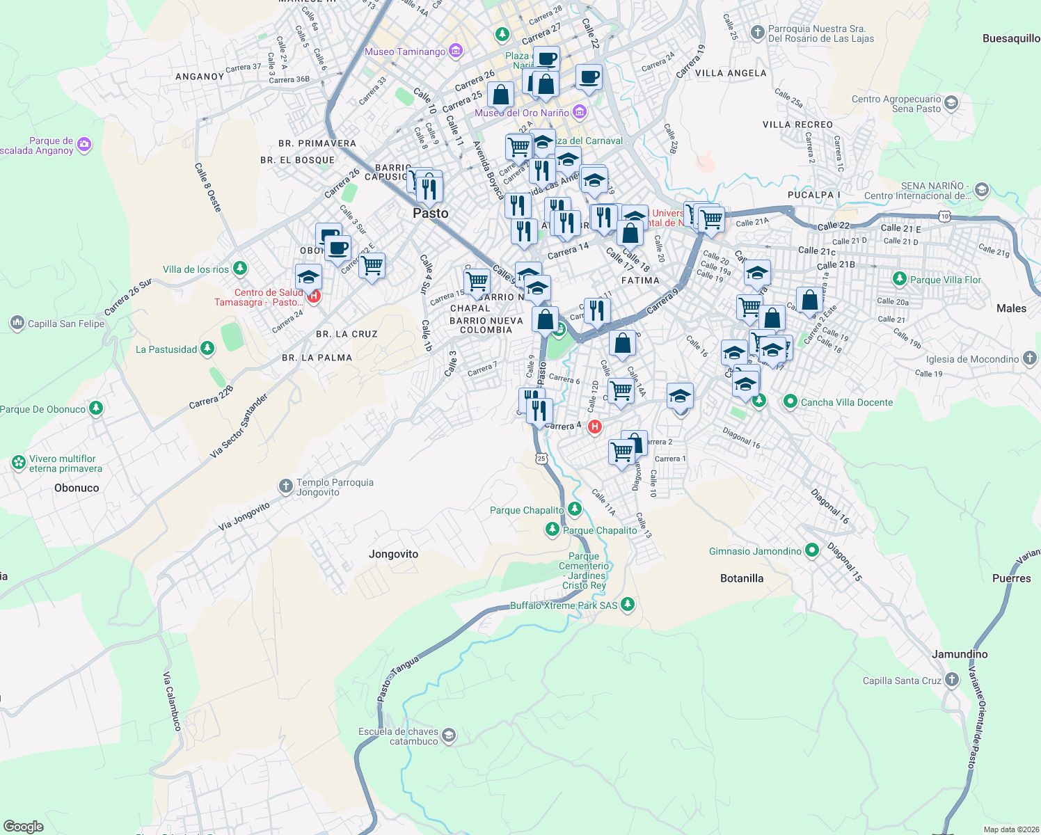 map of restaurants, bars, coffee shops, grocery stores, and more near 11106 Carrera 4 in Pasto