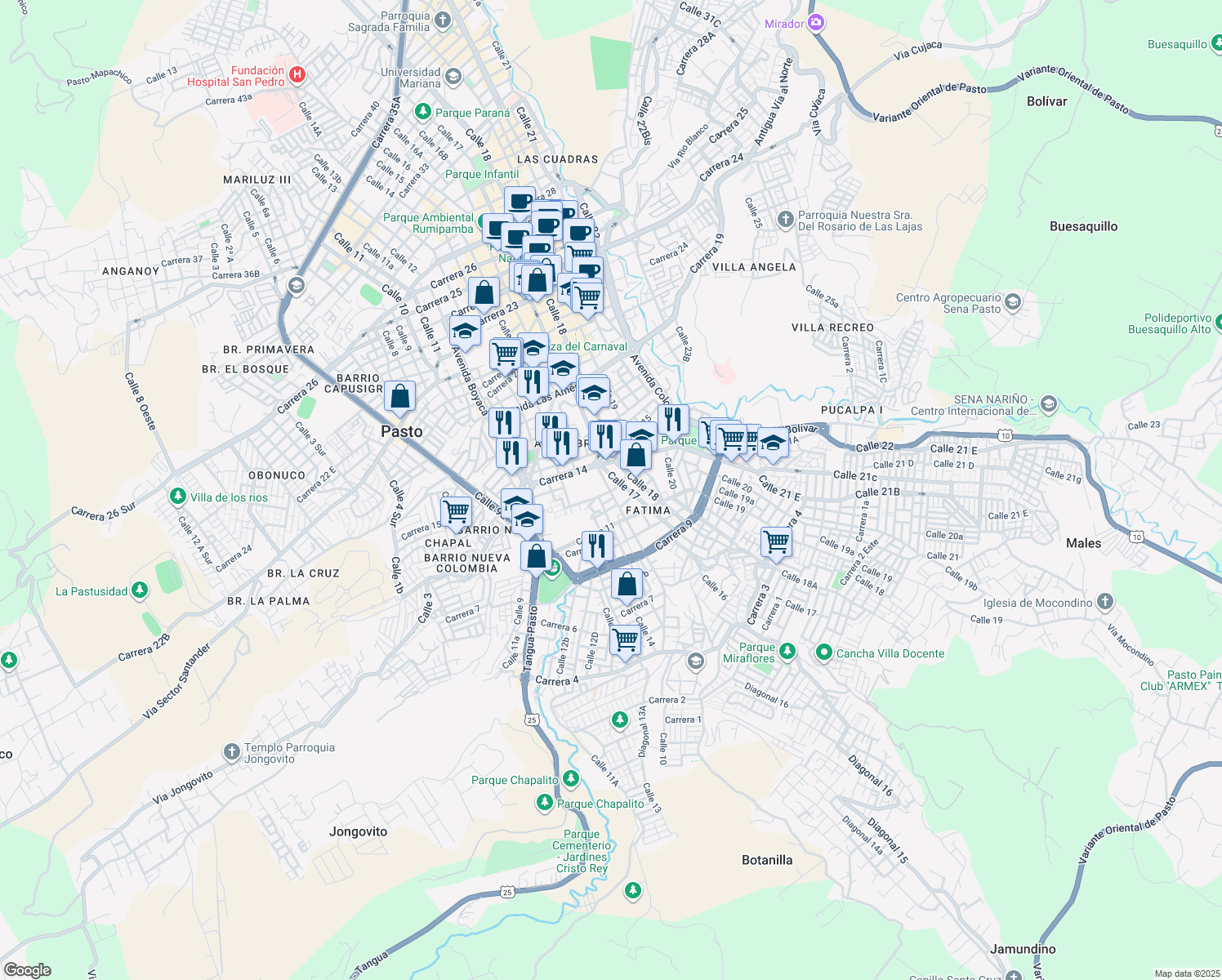 map of restaurants, bars, coffee shops, grocery stores, and more near # 13-44 Calle 16 in Pasto