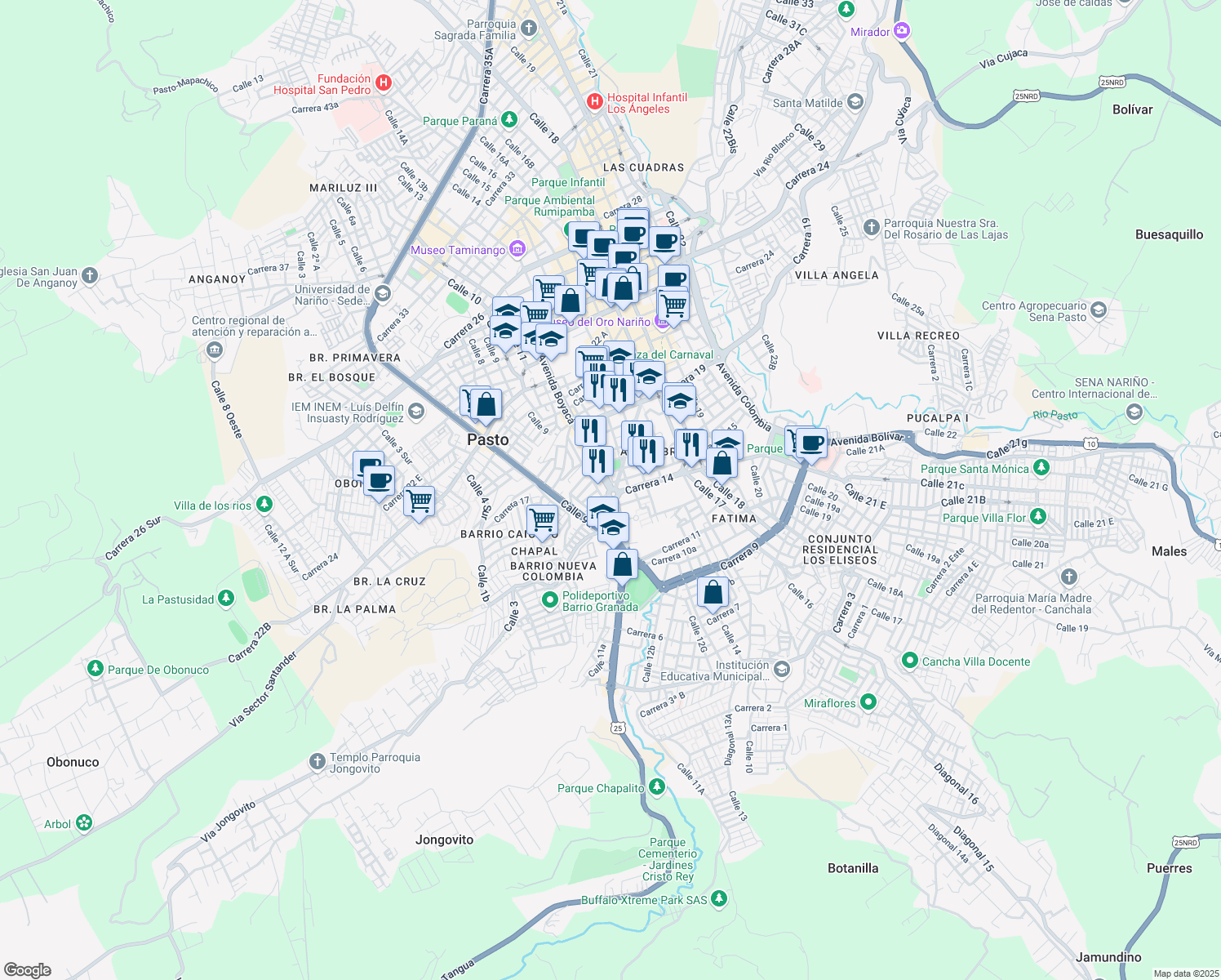 map of restaurants, bars, coffee shops, grocery stores, and more near 10100 Carrera 15 in Pasto