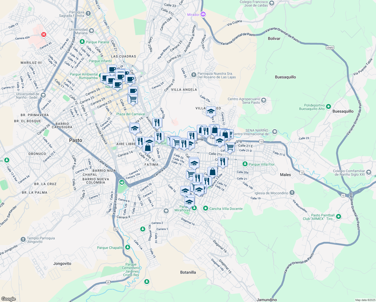 map of restaurants, bars, coffee shops, grocery stores, and more near 2-100 Calle 21C in Pasto
