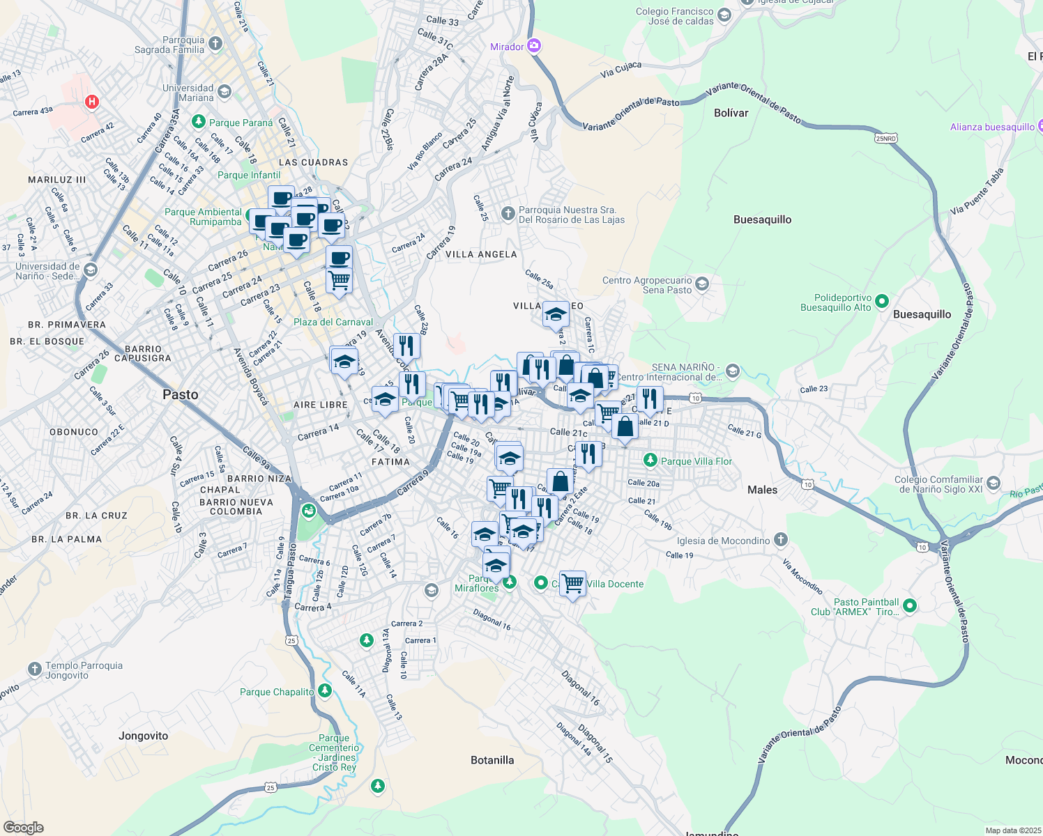 map of restaurants, bars, coffee shops, grocery stores, and more near 2100 Calle 21C in Pasto