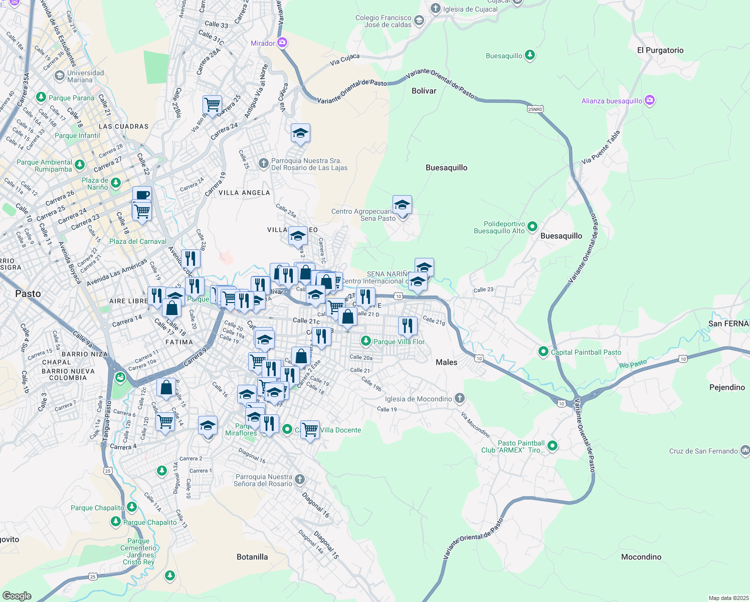 map of restaurants, bars, coffee shops, grocery stores, and more near in Pasto