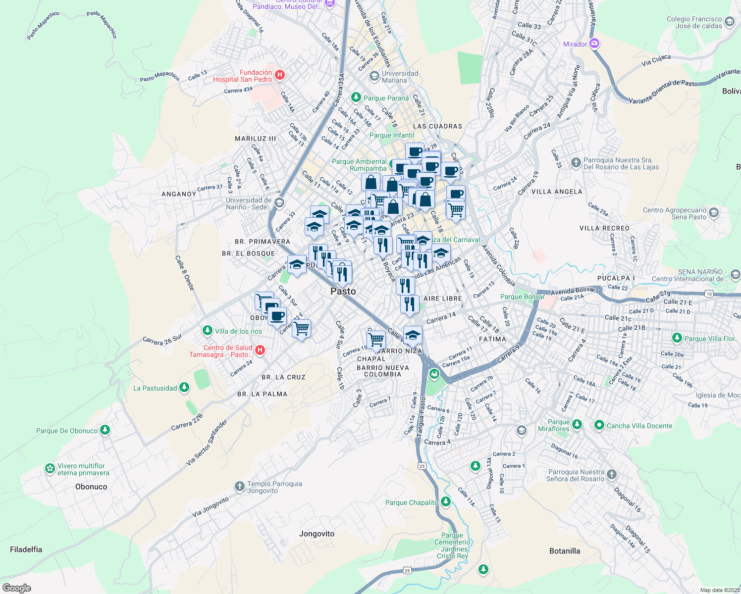 map of restaurants, bars, coffee shops, grocery stores, and more near Calle 5a in Pasto