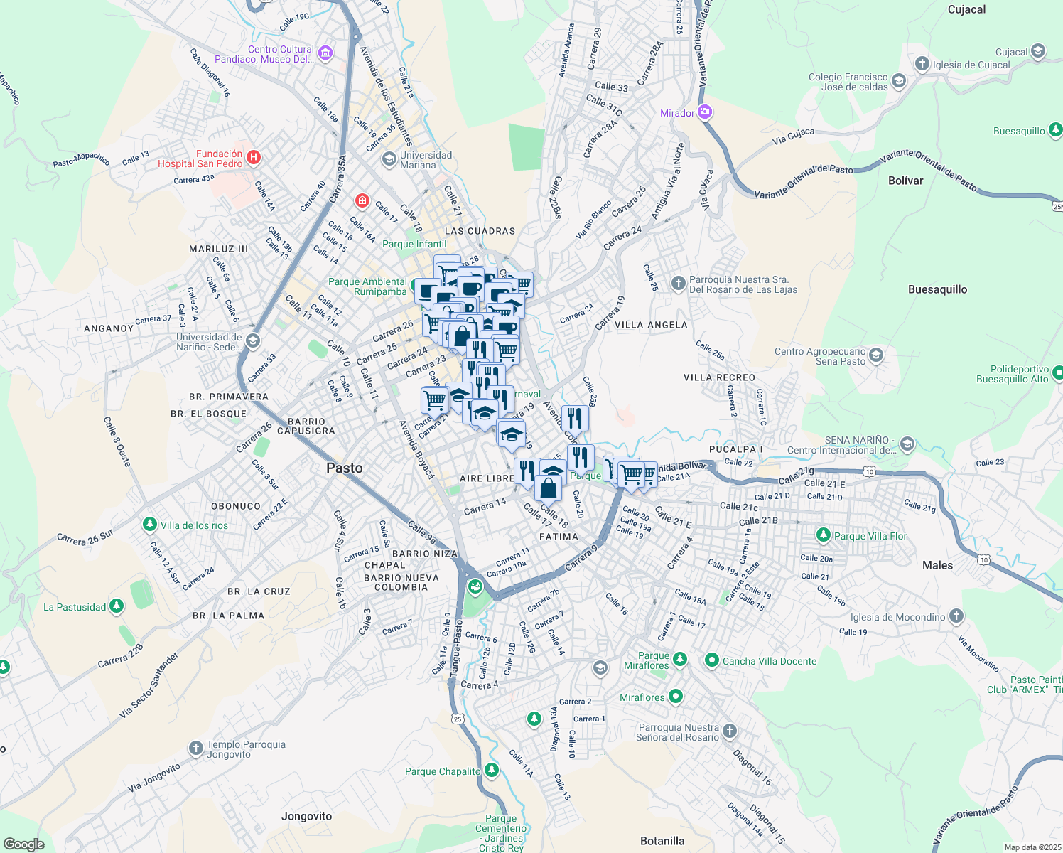 map of restaurants, bars, coffee shops, grocery stores, and more near Carrera 18 A in Pasto