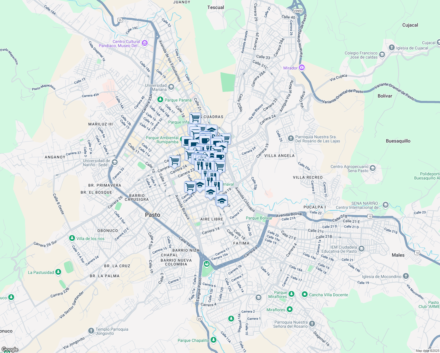 map of restaurants, bars, coffee shops, grocery stores, and more near 211 Calle 20 in Pasto