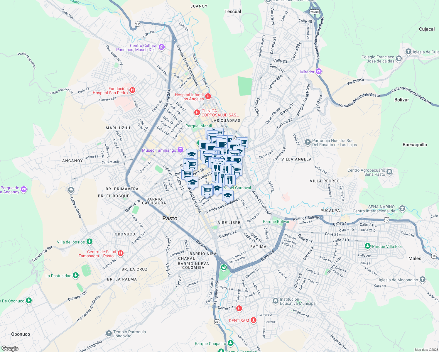 map of restaurants, bars, coffee shops, grocery stores, and more near 17-17 Carrera 22 in Pasto