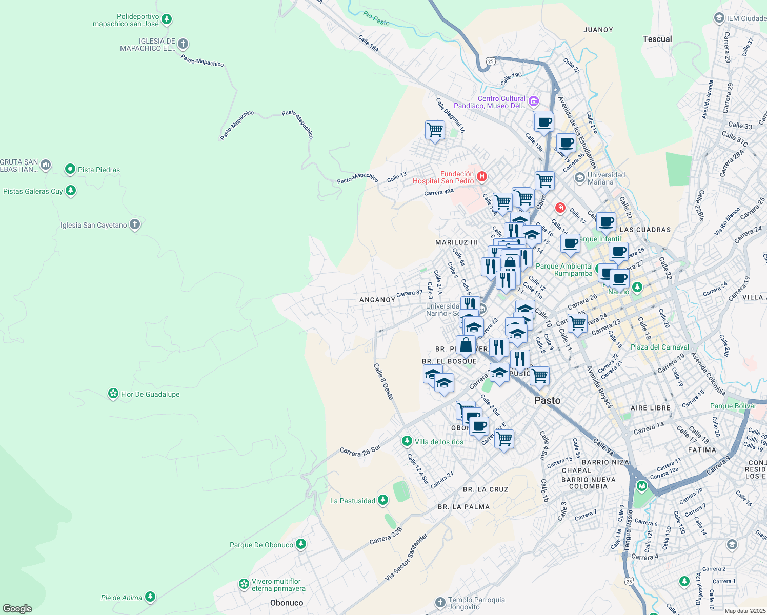 map of restaurants, bars, coffee shops, grocery stores, and more near # 3-23 Carrera 36A in Pasto