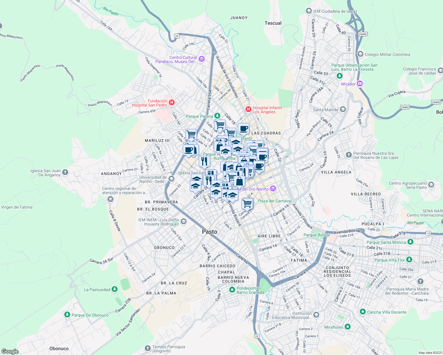 map of restaurants, bars, coffee shops, grocery stores, and more near in Pasto