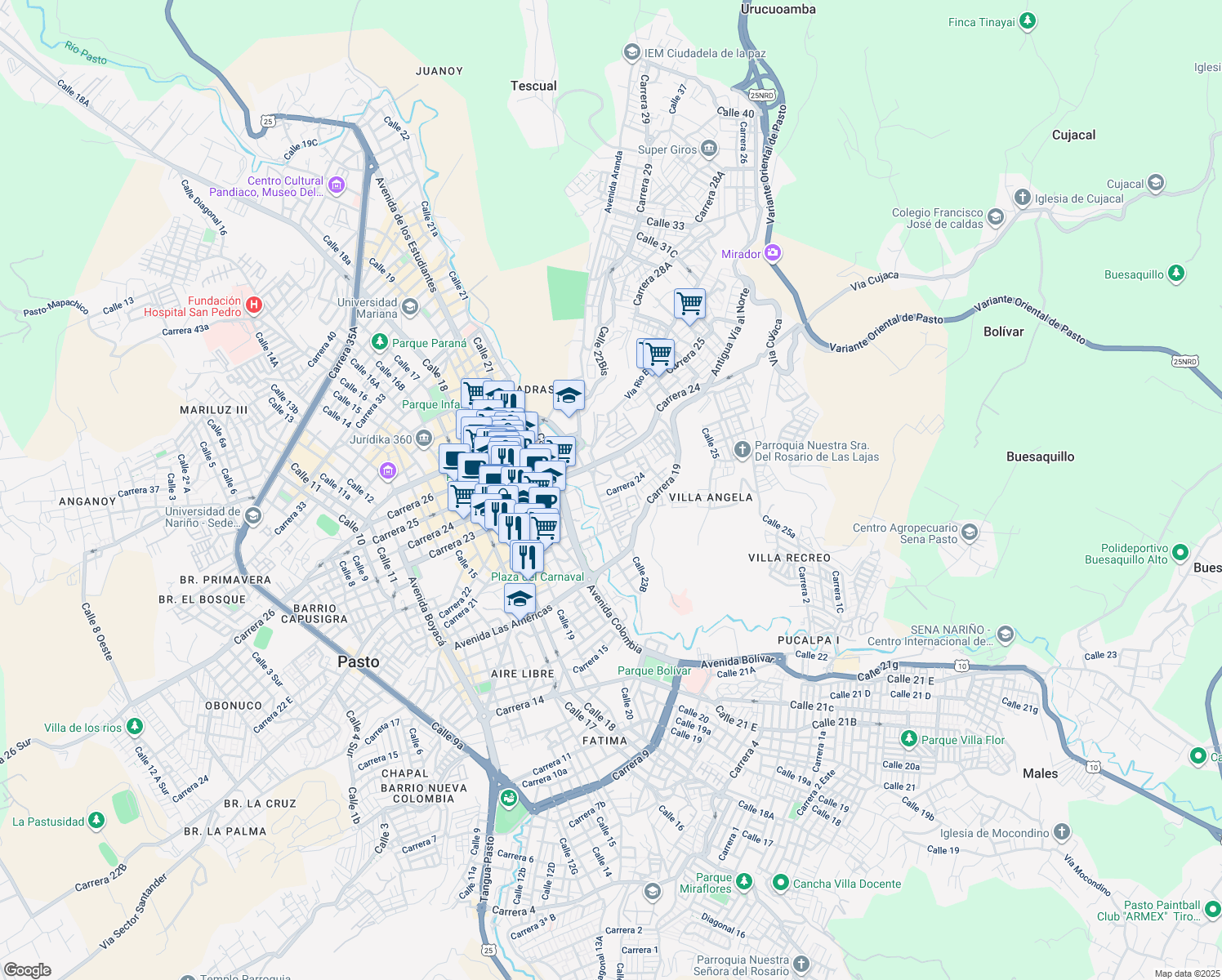 map of restaurants, bars, coffee shops, grocery stores, and more near 24-19 Carrera 22 in Pasto