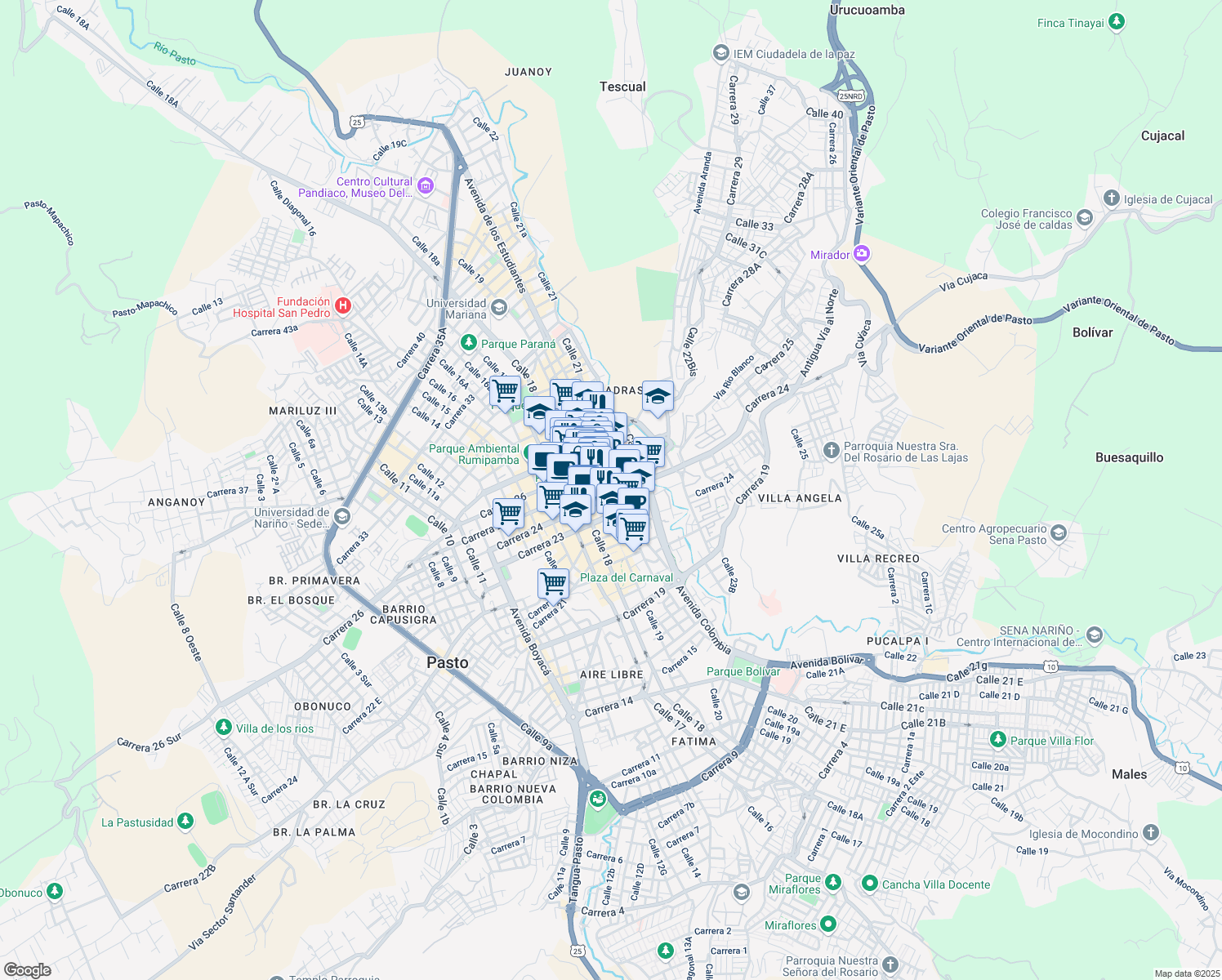 map of restaurants, bars, coffee shops, grocery stores, and more near 24-37 Calle 20 in Pasto