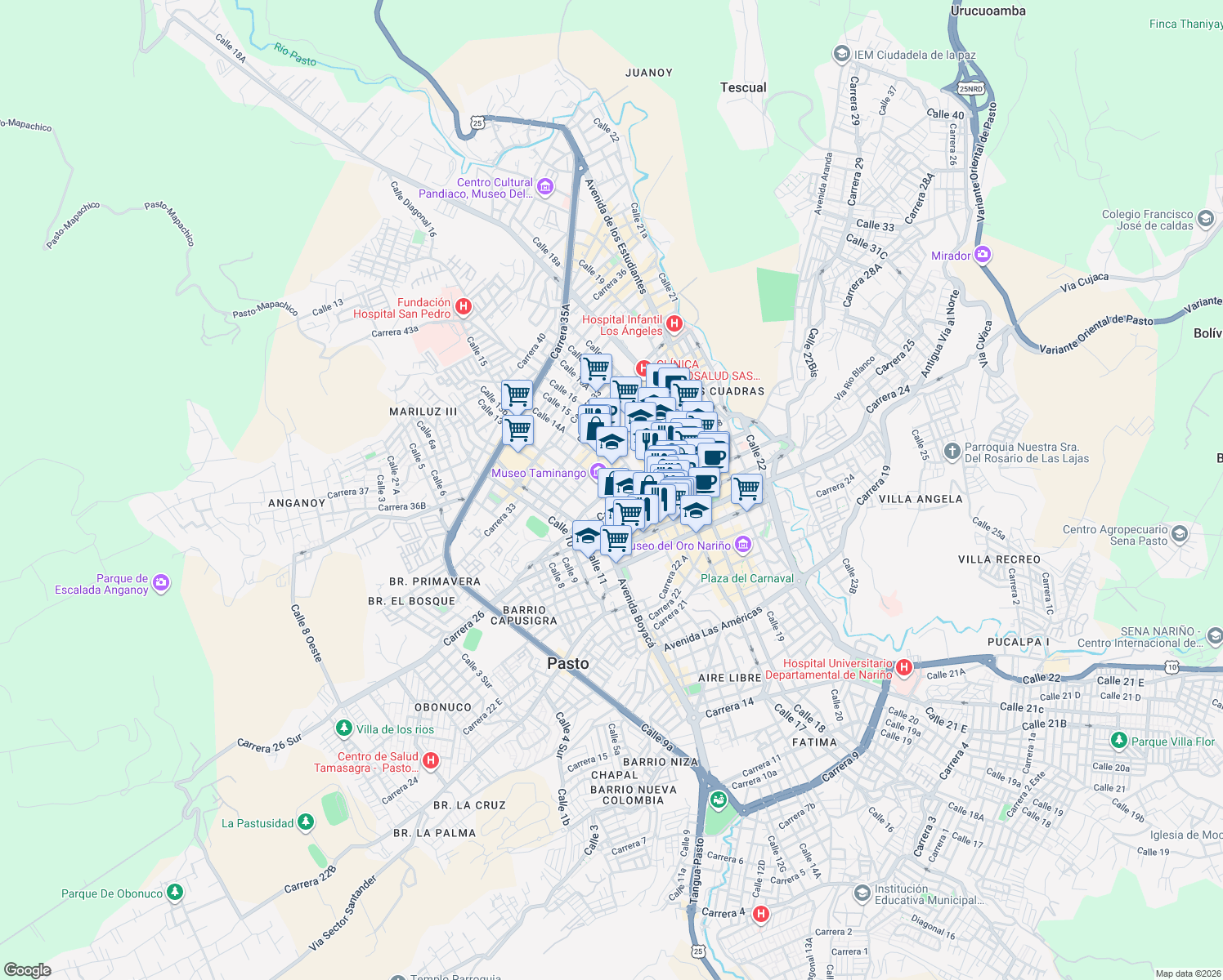 map of restaurants, bars, coffee shops, grocery stores, and more near 132-13100 Carrera 27 in Pasto