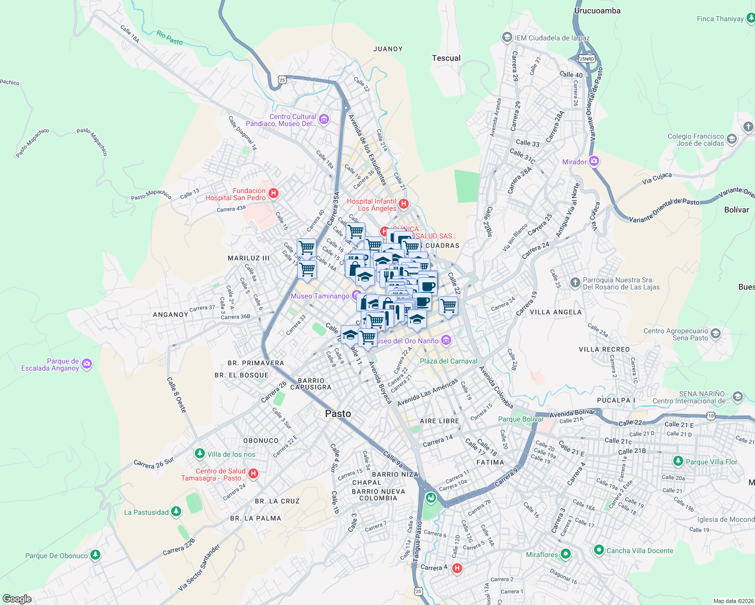 map of restaurants, bars, coffee shops, grocery stores, and more near 13100 Carrera 27 in Pasto