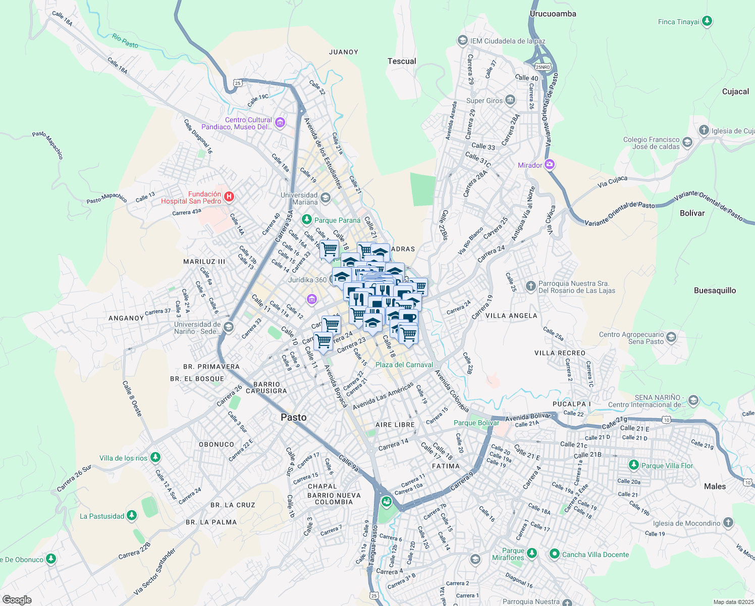 map of restaurants, bars, coffee shops, grocery stores, and more near 2577 Calle 19 in Pasto