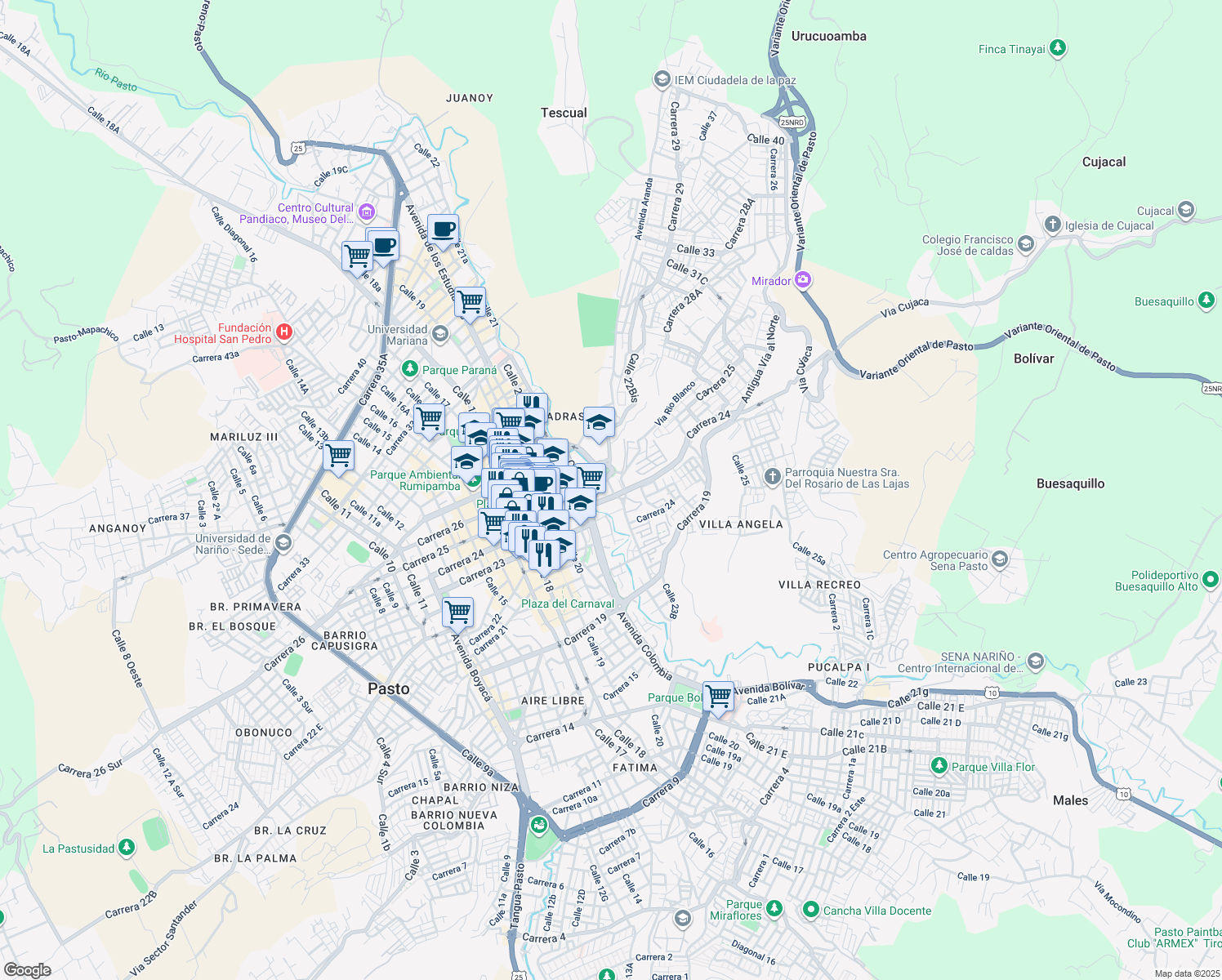 map of restaurants, bars, coffee shops, grocery stores, and more near 241-2499 Calle 23 in Pasto