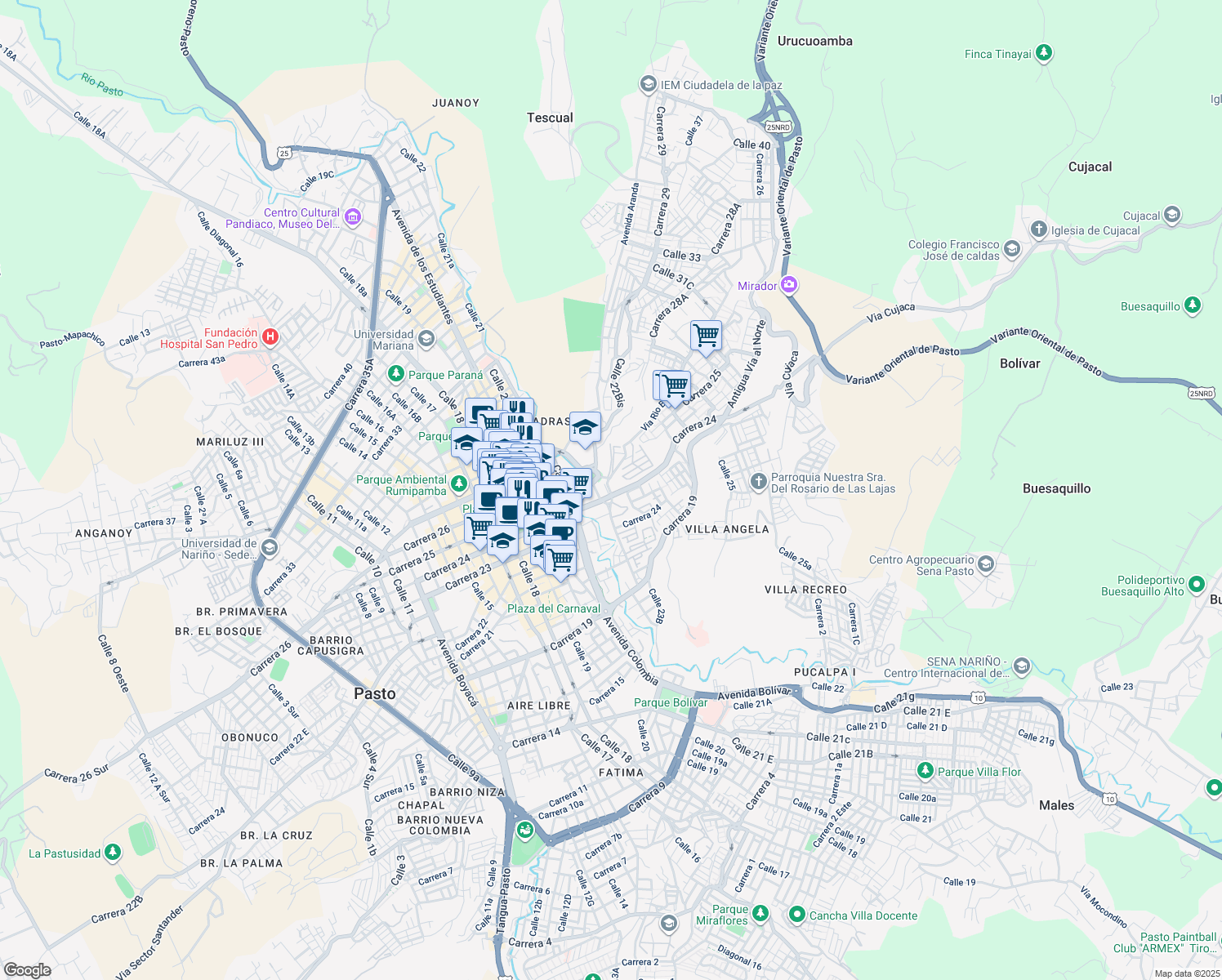 map of restaurants, bars, coffee shops, grocery stores, and more near 2499 Calle 23 in Pasto