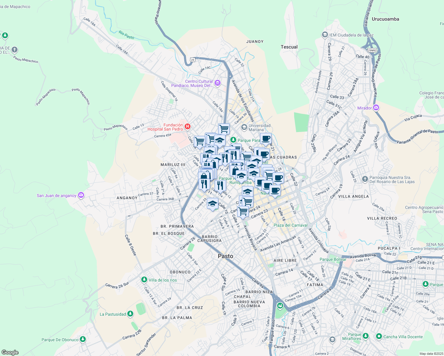 map of restaurants, bars, coffee shops, grocery stores, and more near 12a1-12a85 Carrera 32 in Pasto