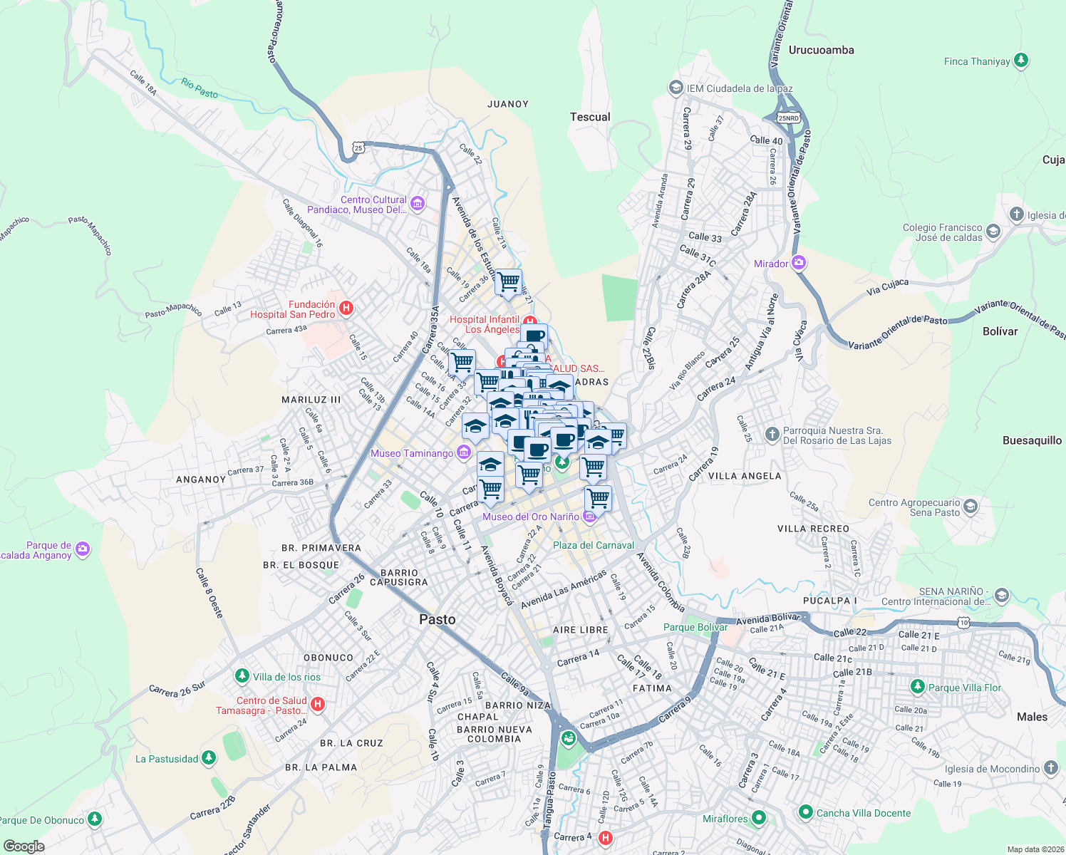 map of restaurants, bars, coffee shops, grocery stores, and more near No 18-41 Carrera 29 in Pasto