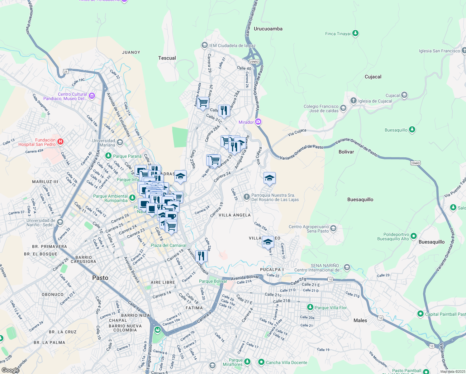 map of restaurants, bars, coffee shops, grocery stores, and more near 30 Carrera 18 A in Pasto