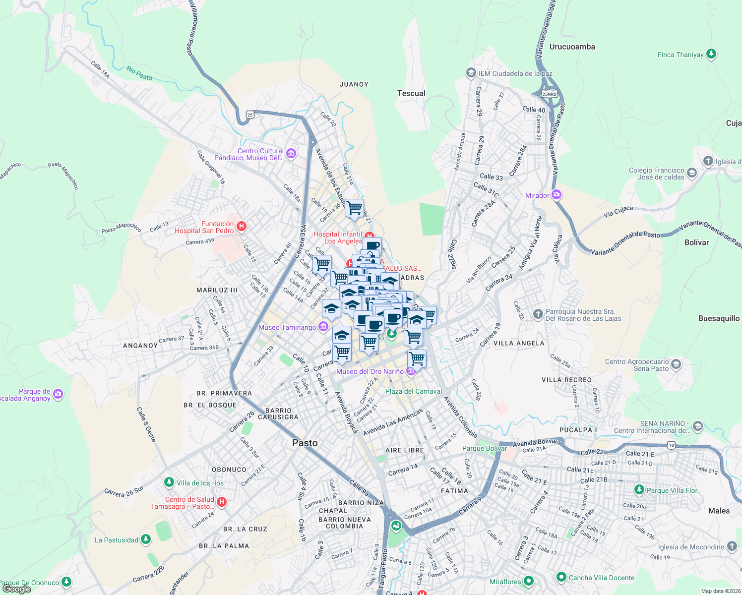 map of restaurants, bars, coffee shops, grocery stores, and more near 18-41 Carrera 29 in Pasto