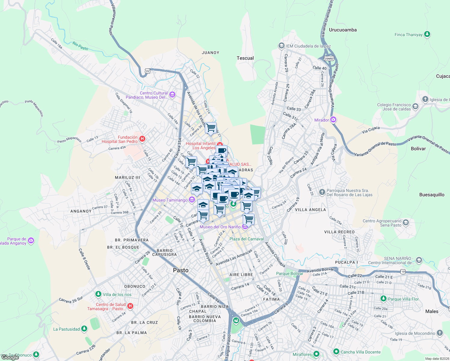 map of restaurants, bars, coffee shops, grocery stores, and more near No 18-41 Carrera 29 in Pasto