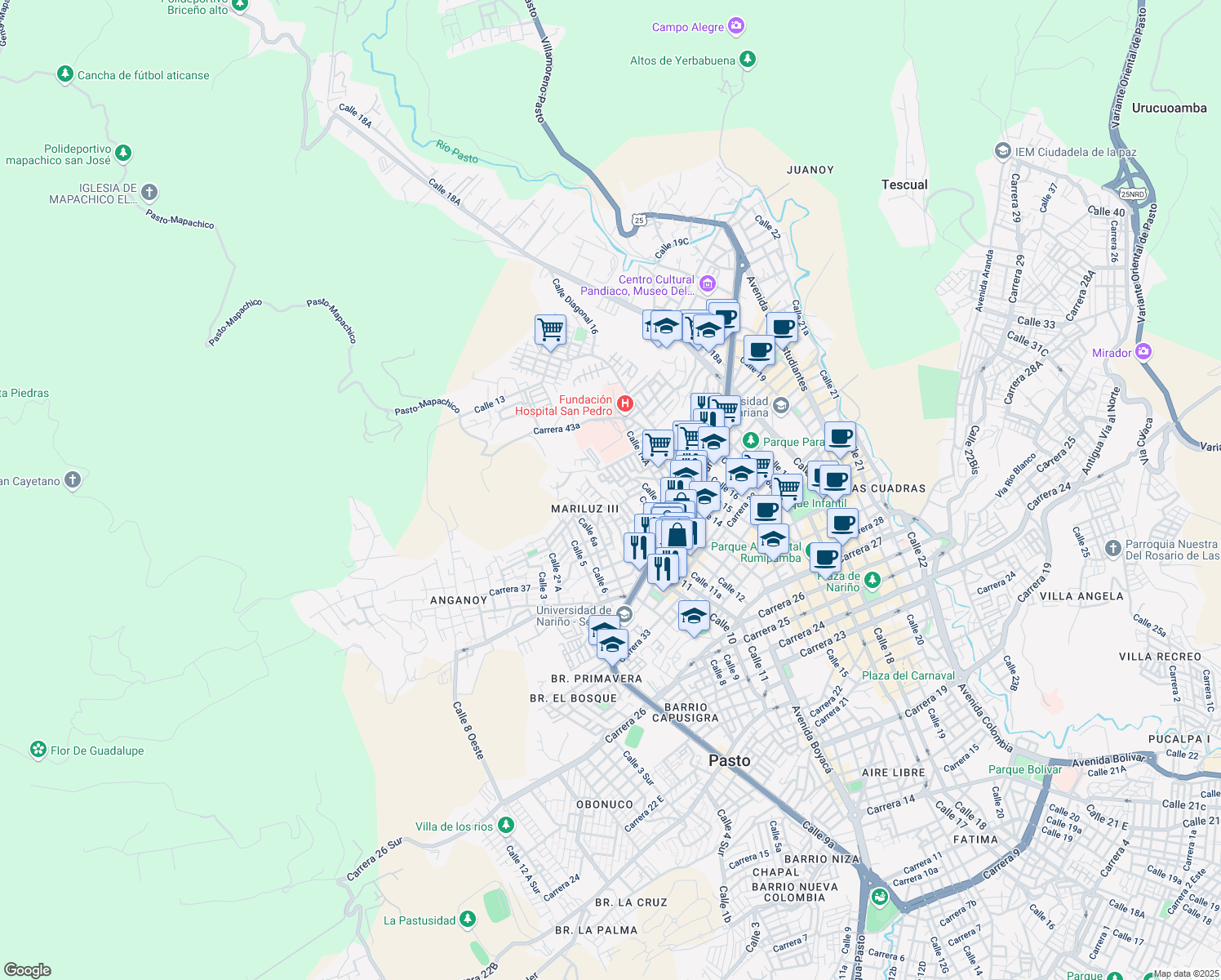 map of restaurants, bars, coffee shops, grocery stores, and more near # 11A-13 Carrera 41 in Pasto