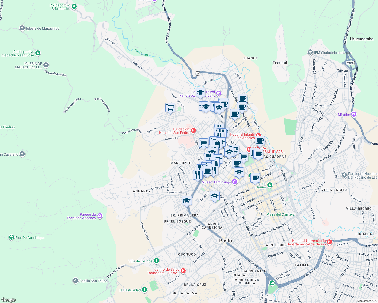map of restaurants, bars, coffee shops, grocery stores, and more near 41-60 Calle 12A in Pasto