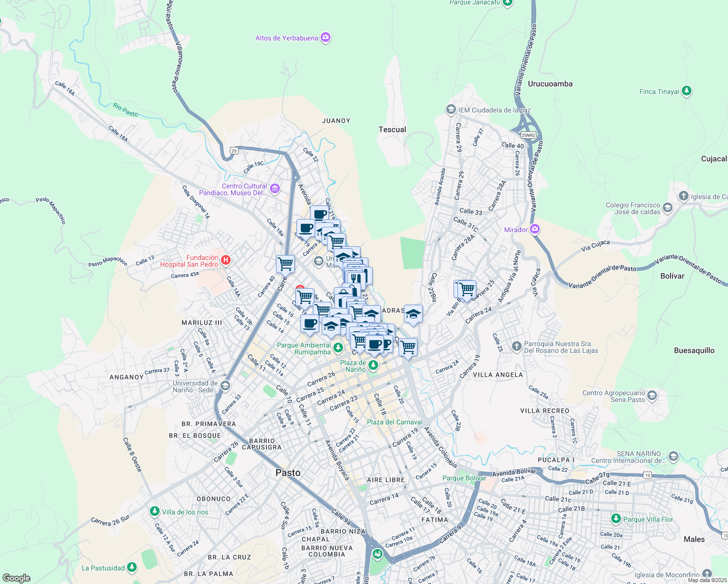 map of restaurants, bars, coffee shops, grocery stores, and more near # 13E-31 Calle 21 in Pasto