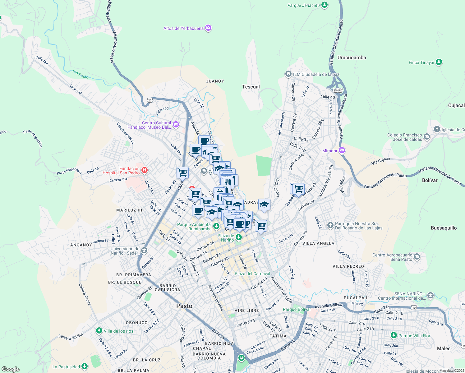 map of restaurants, bars, coffee shops, grocery stores, and more near 31b1-31b75 Calle 21 in Pasto