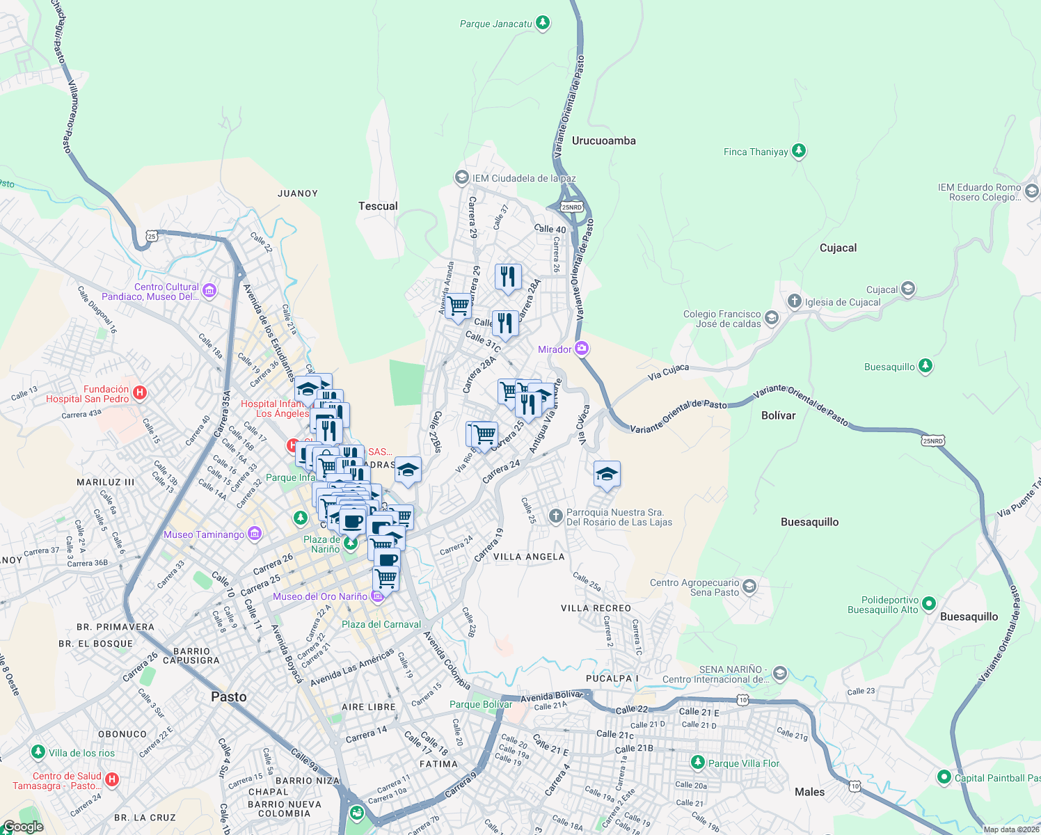 map of restaurants, bars, coffee shops, grocery stores, and more near Calle 30 in Pasto