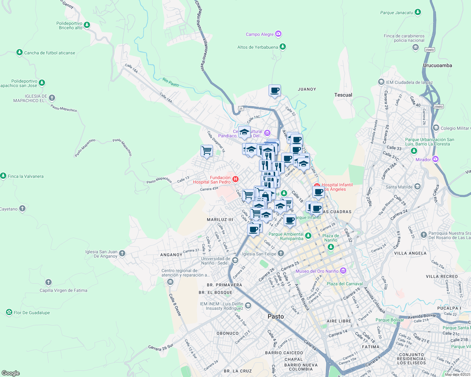 map of restaurants, bars, coffee shops, grocery stores, and more near 1380 Carrera 43a in Pasto