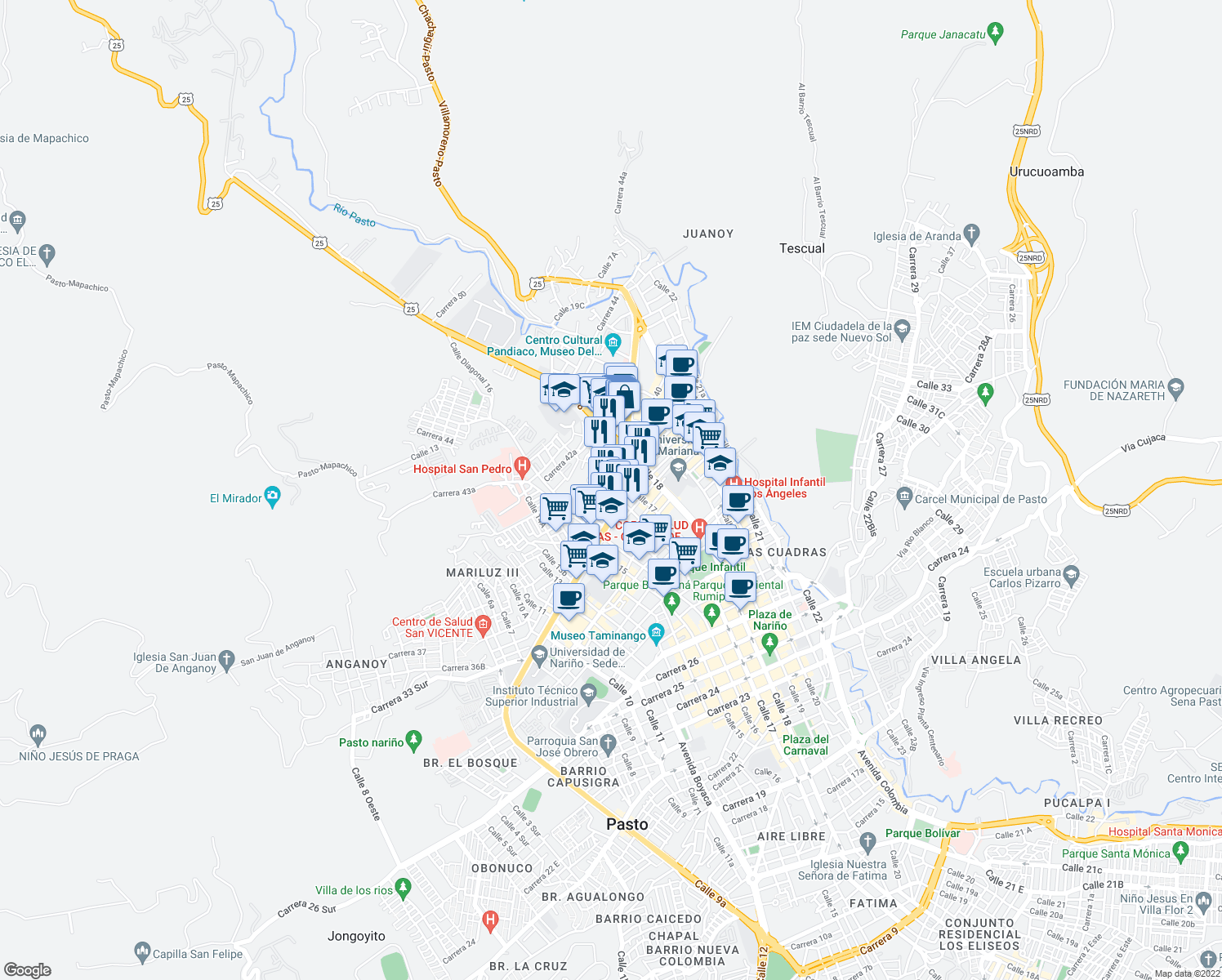 map of restaurants, bars, coffee shops, grocery stores, and more near Carrera 40 in Pasto