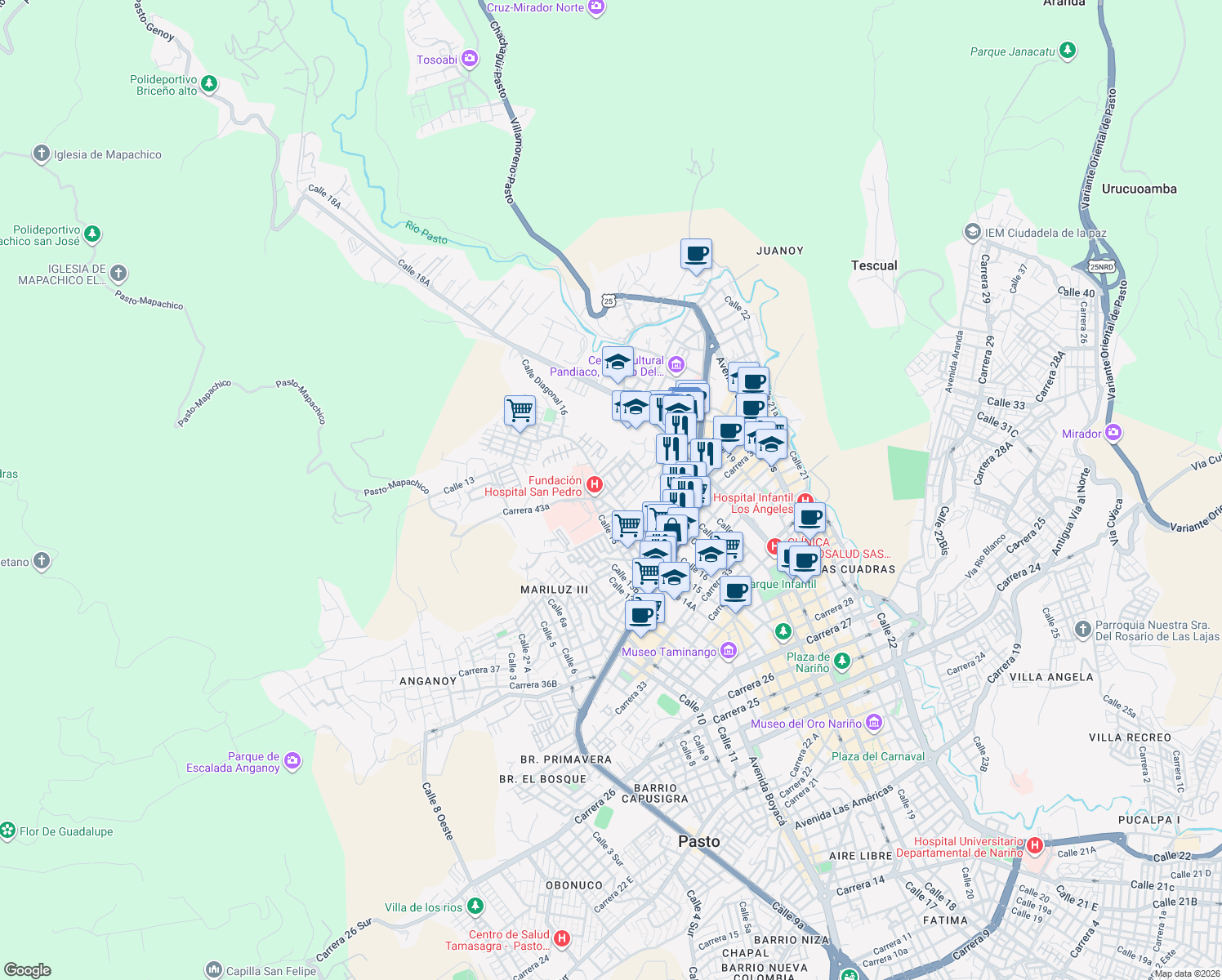 map of restaurants, bars, coffee shops, grocery stores, and more near 1380-1390 Carrera 43A in Pasto