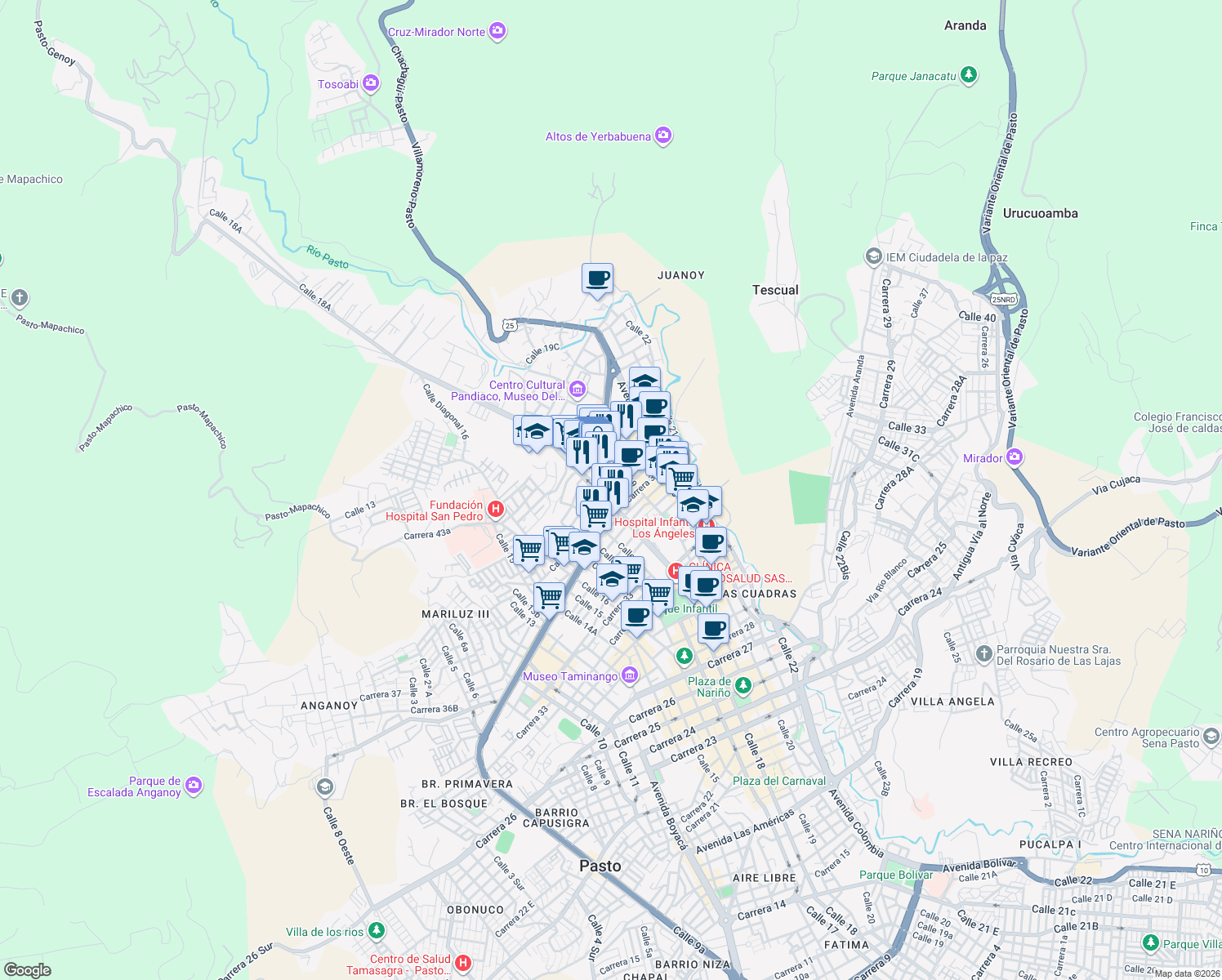 map of restaurants, bars, coffee shops, grocery stores, and more near 181-1899 Carrera 37 in Pasto