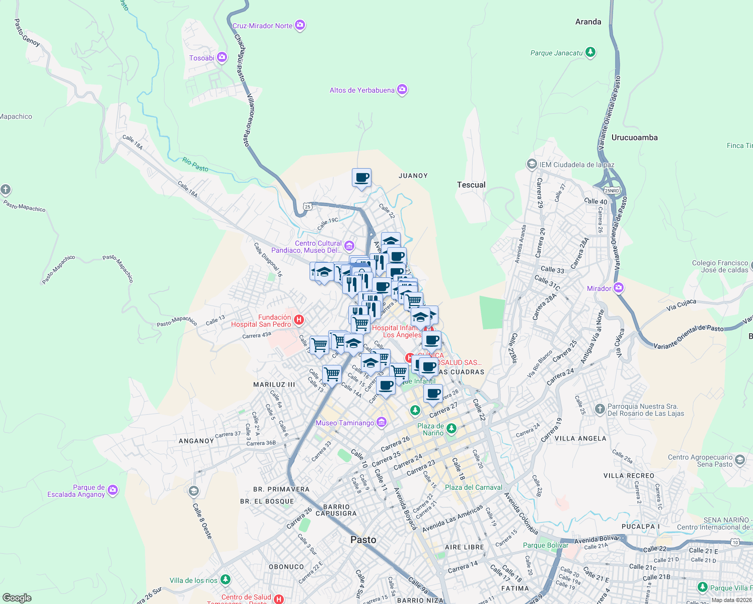 map of restaurants, bars, coffee shops, grocery stores, and more near 181 Carrera 37 in Pasto