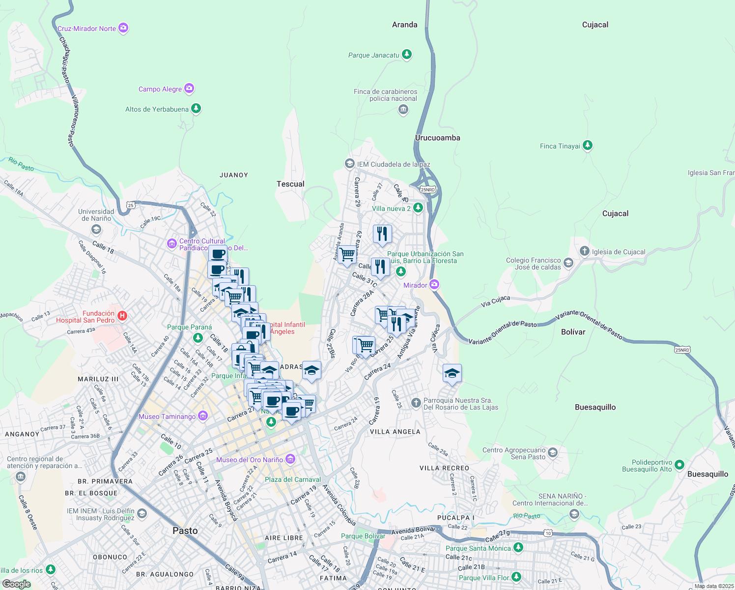 map of restaurants, bars, coffee shops, grocery stores, and more near Calle 30 in Pasto