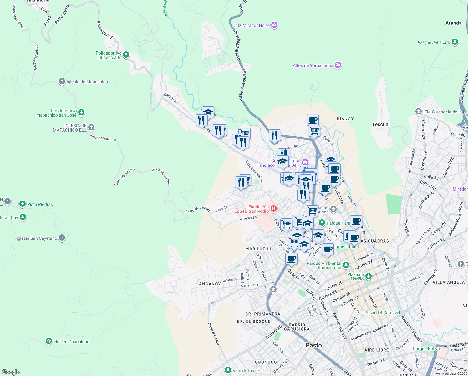 map of restaurants, bars, coffee shops, grocery stores, and more near 44B99 Calle 16 in Pasto
