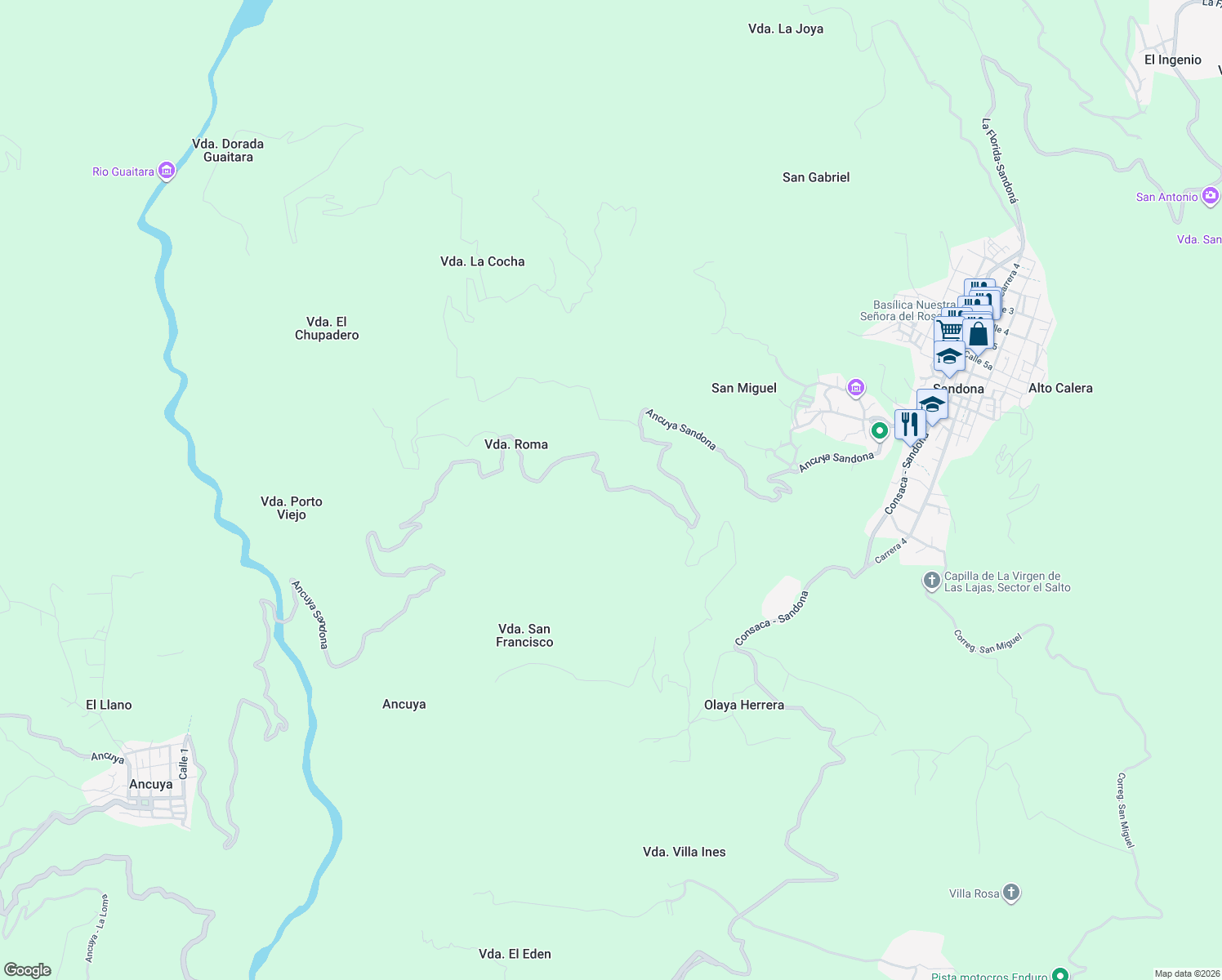 map of restaurants, bars, coffee shops, grocery stores, and more near Ancuya Sandona in Sandoná