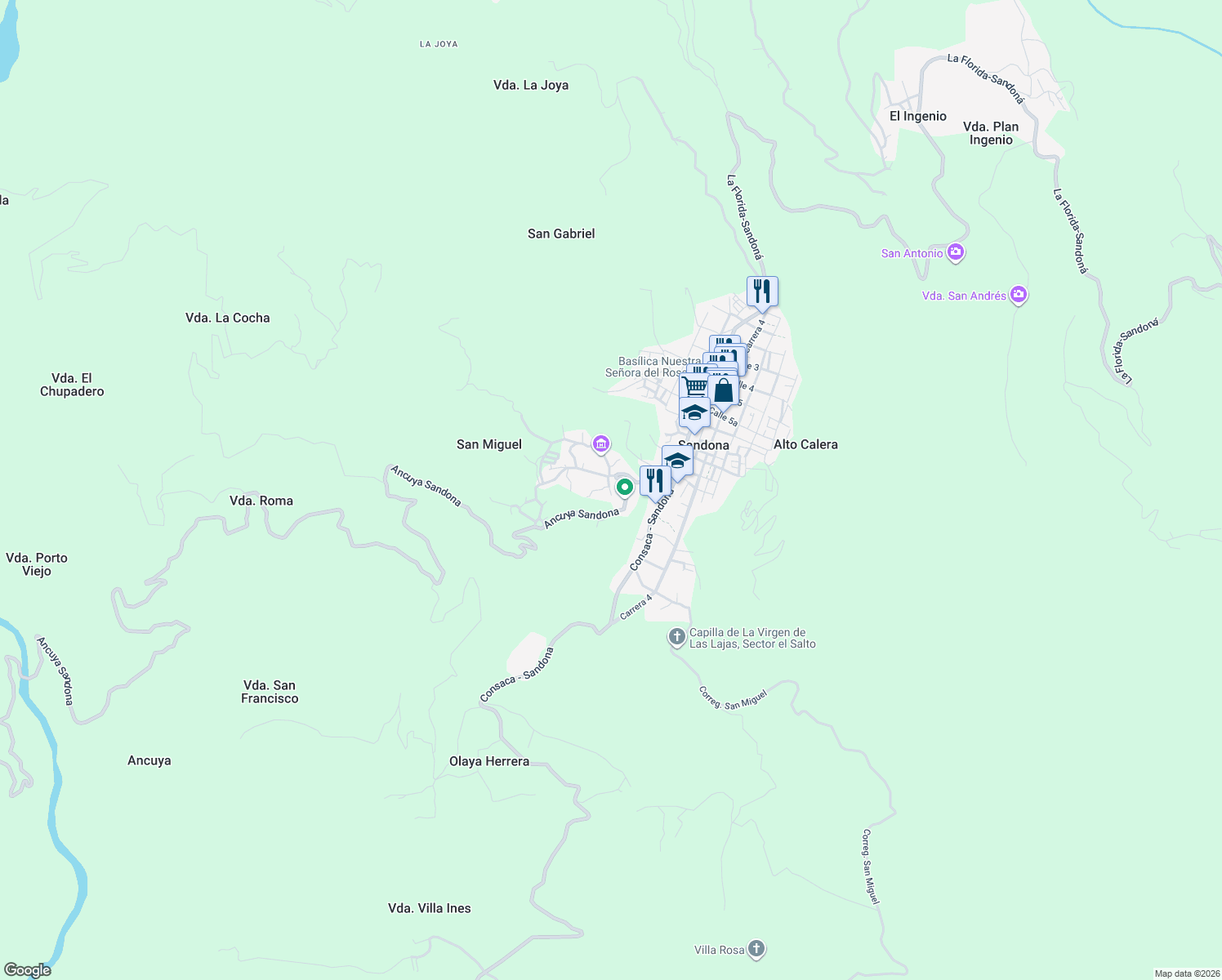 map of restaurants, bars, coffee shops, grocery stores, and more near Ancuya Sandona in Sandoná
