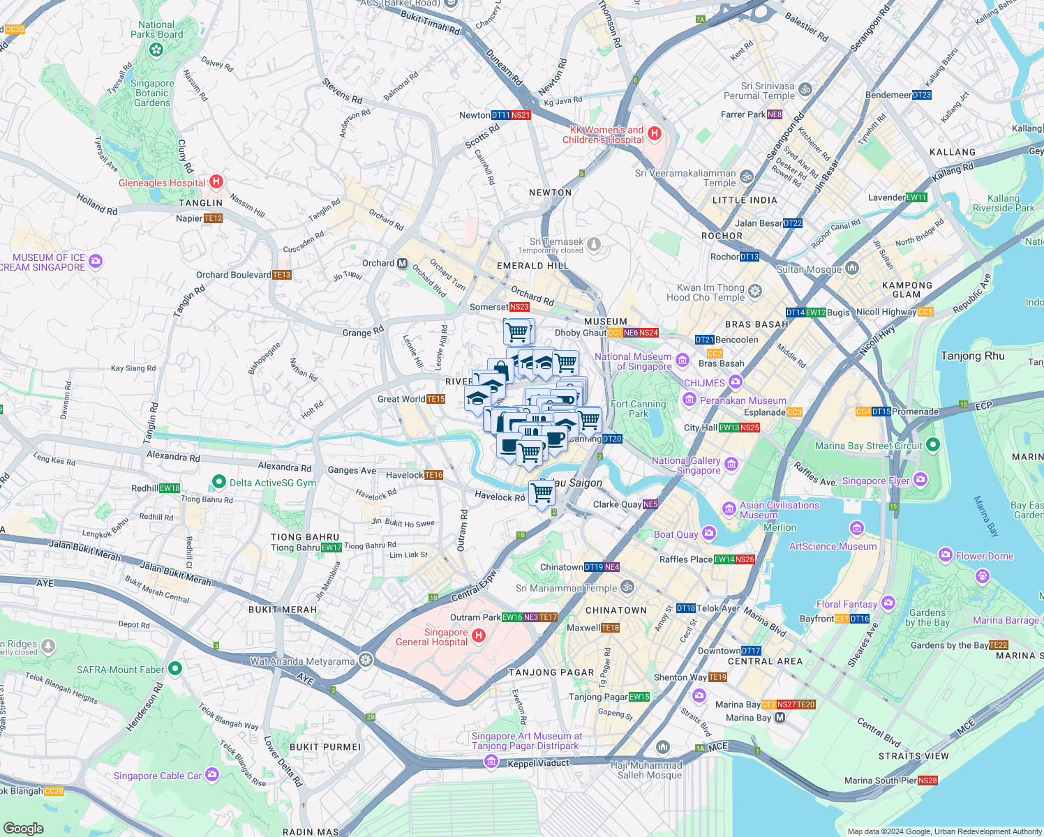map of restaurants, bars, coffee shops, grocery stores, and more near in Singapore