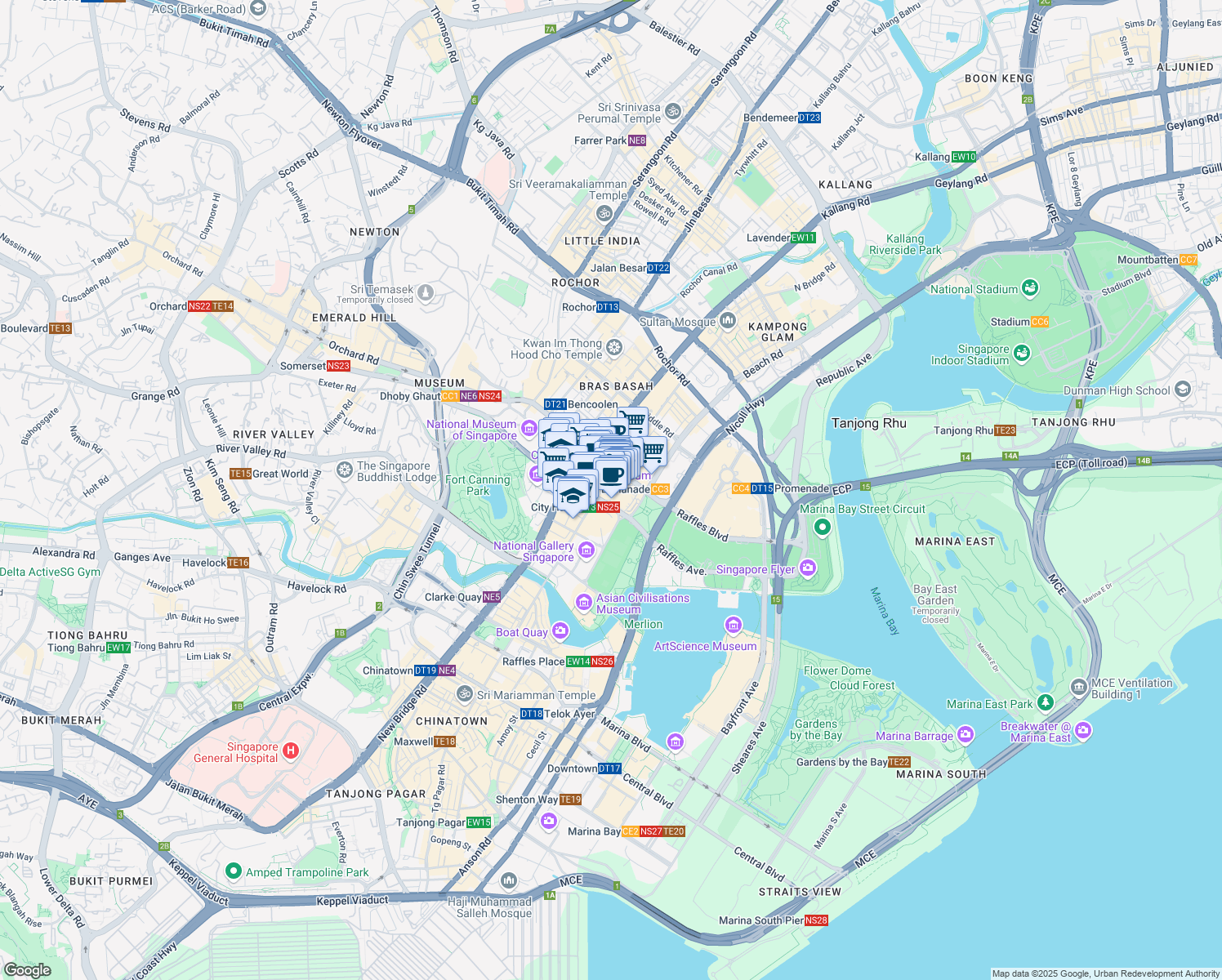 map of restaurants, bars, coffee shops, grocery stores, and more near 252 North Bridge Road in Singapore