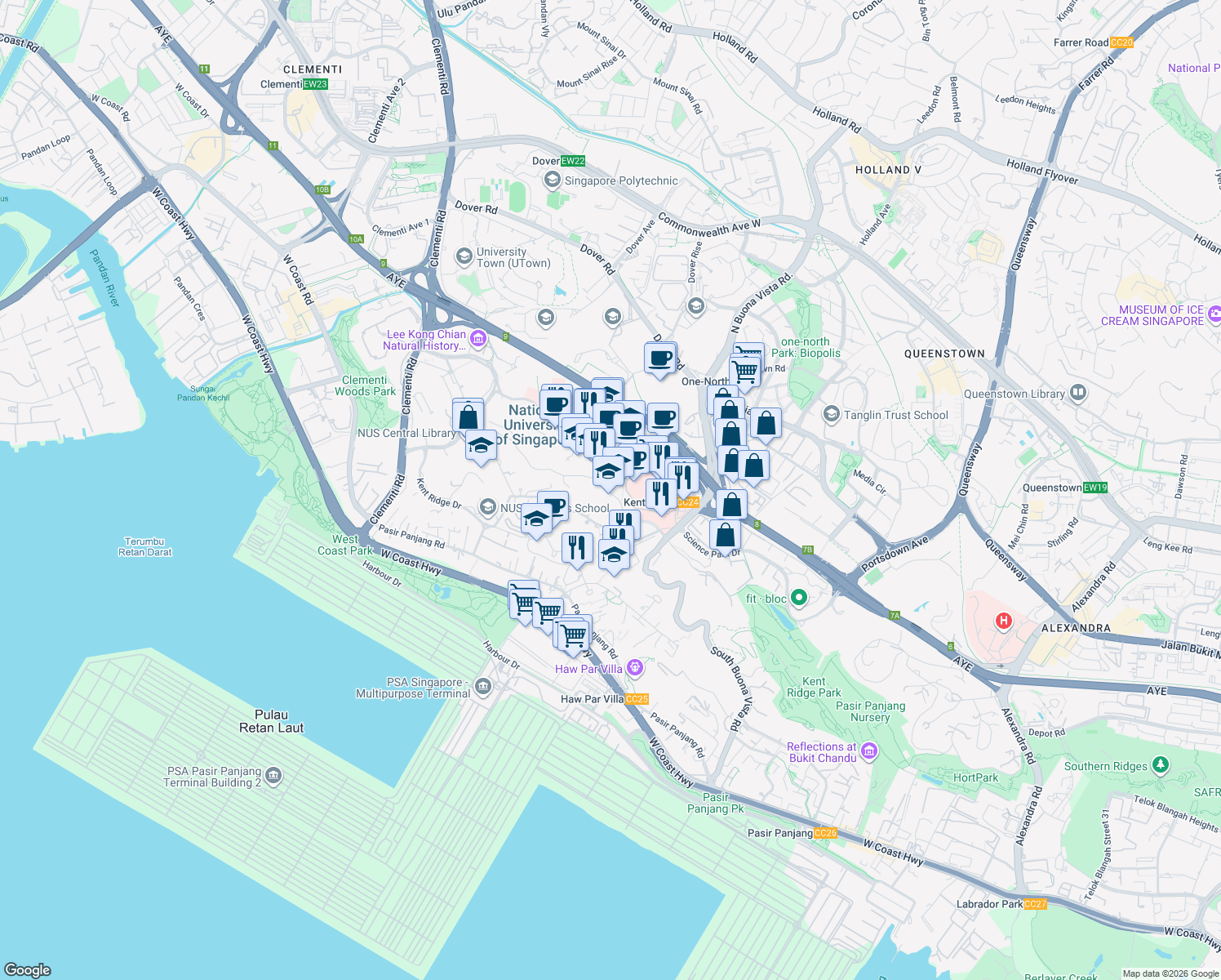 map of restaurants, bars, coffee shops, grocery stores, and more near in Singapore