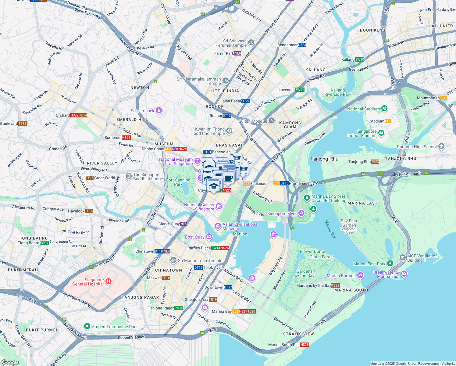 map of restaurants, bars, coffee shops, grocery stores, and more near 252 North Bridge Road in Singapore
