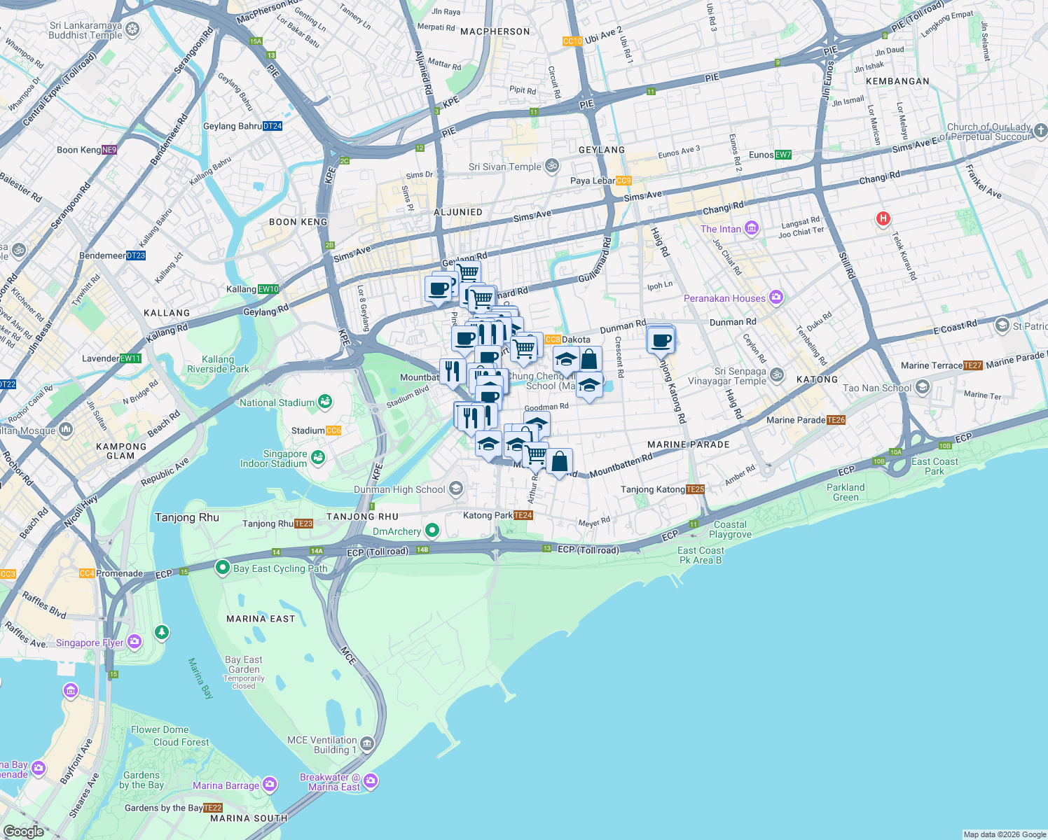map of restaurants, bars, coffee shops, grocery stores, and more near in Singapore