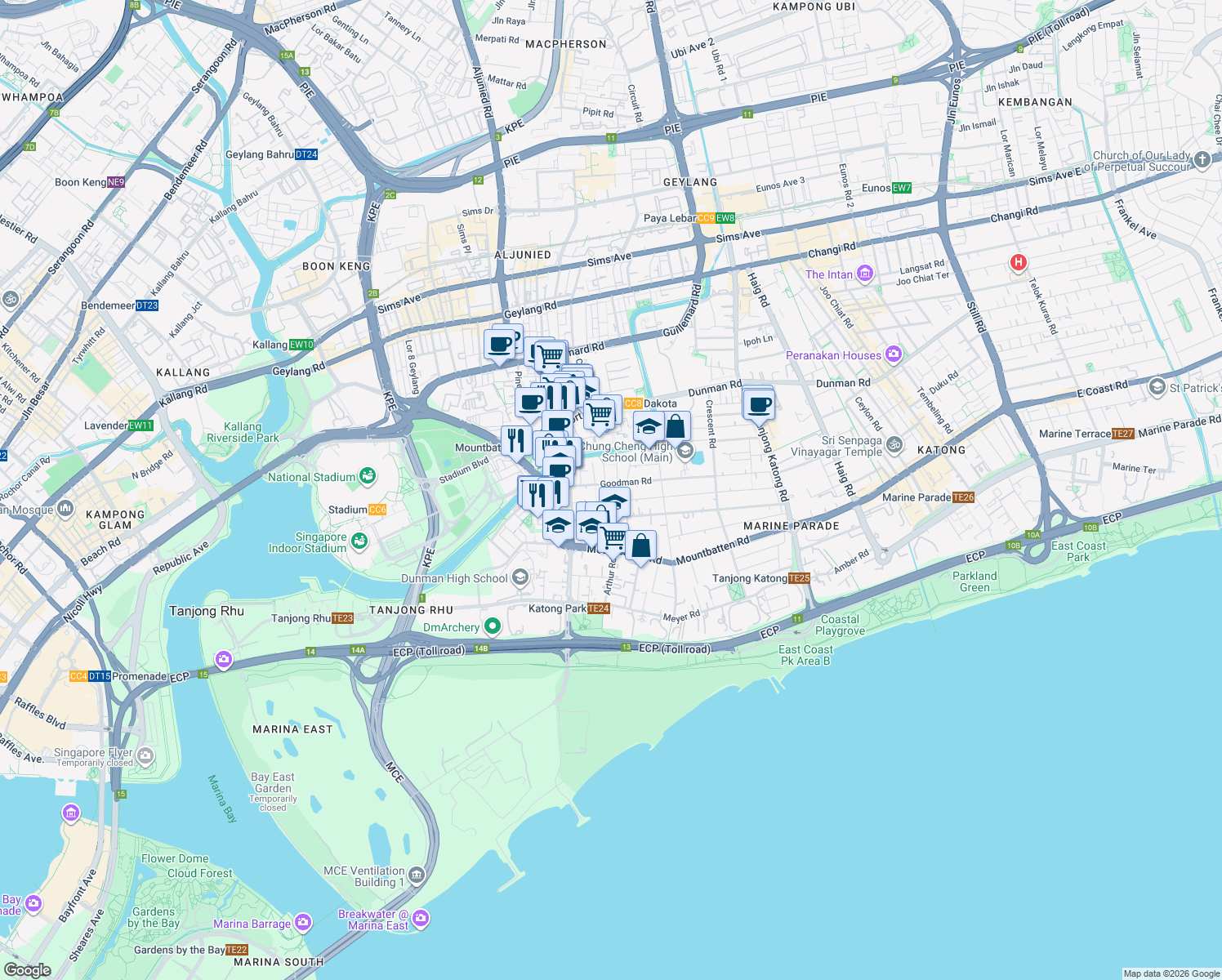map of restaurants, bars, coffee shops, grocery stores, and more near in Singapore
