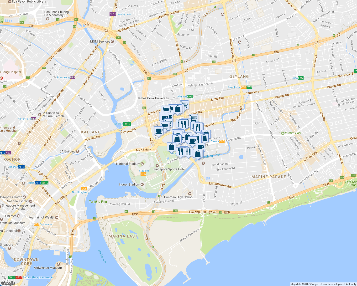 map of restaurants, bars, coffee shops, grocery stores, and more near in Singapore